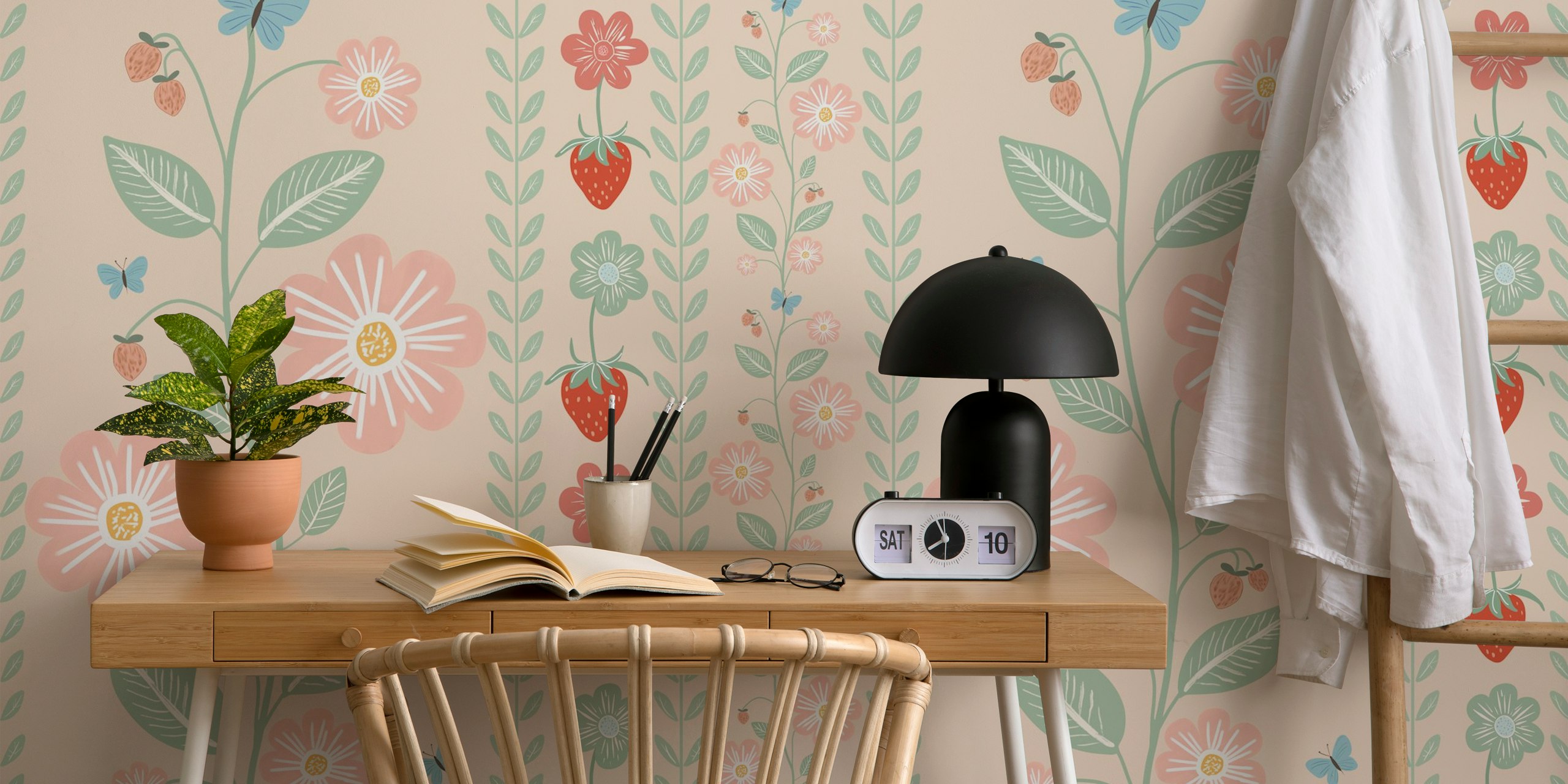 Floral and strawberry patterns in soft pink tones wallpaper