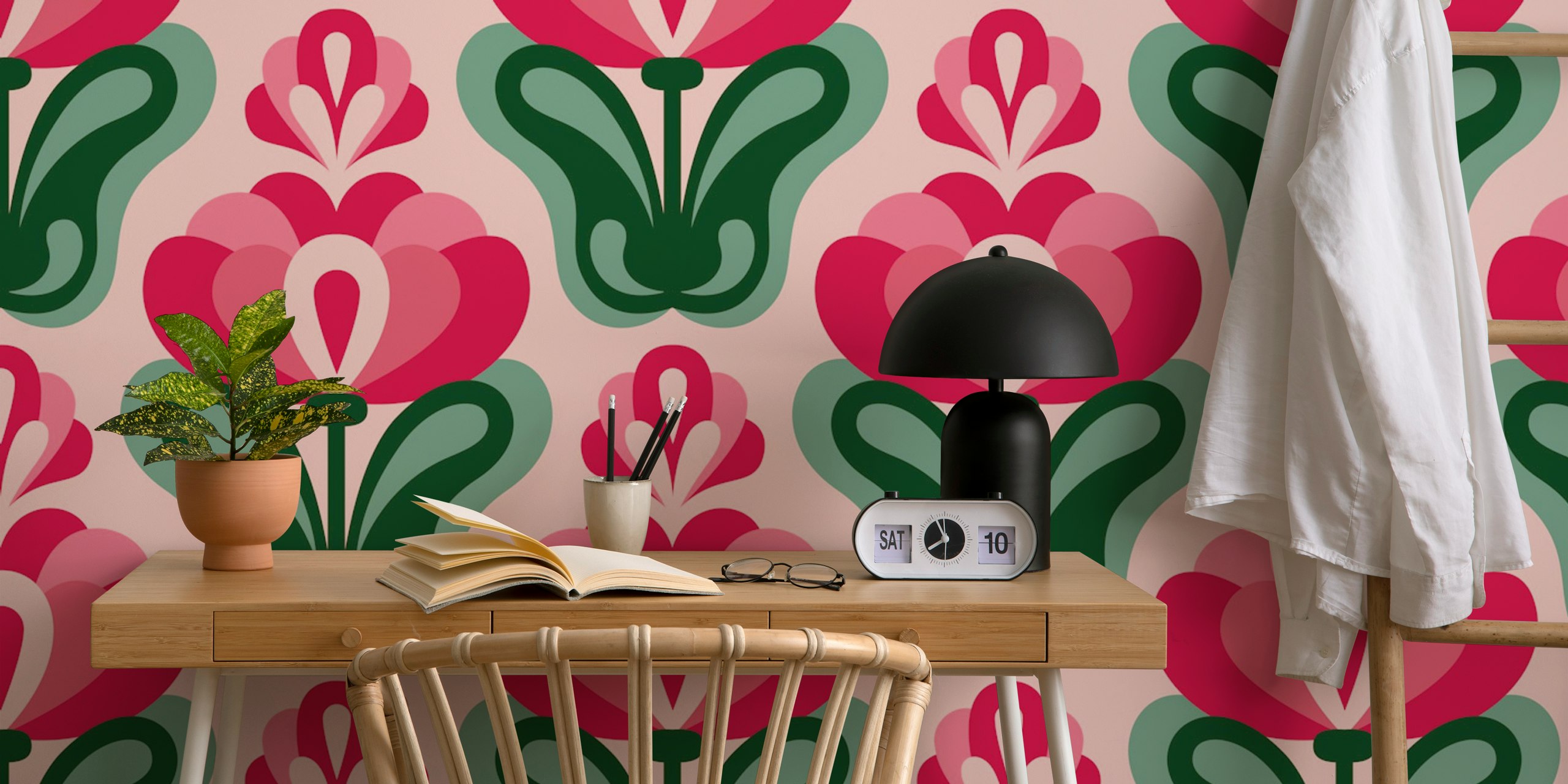 Pink floral design with green leaves wallpaper