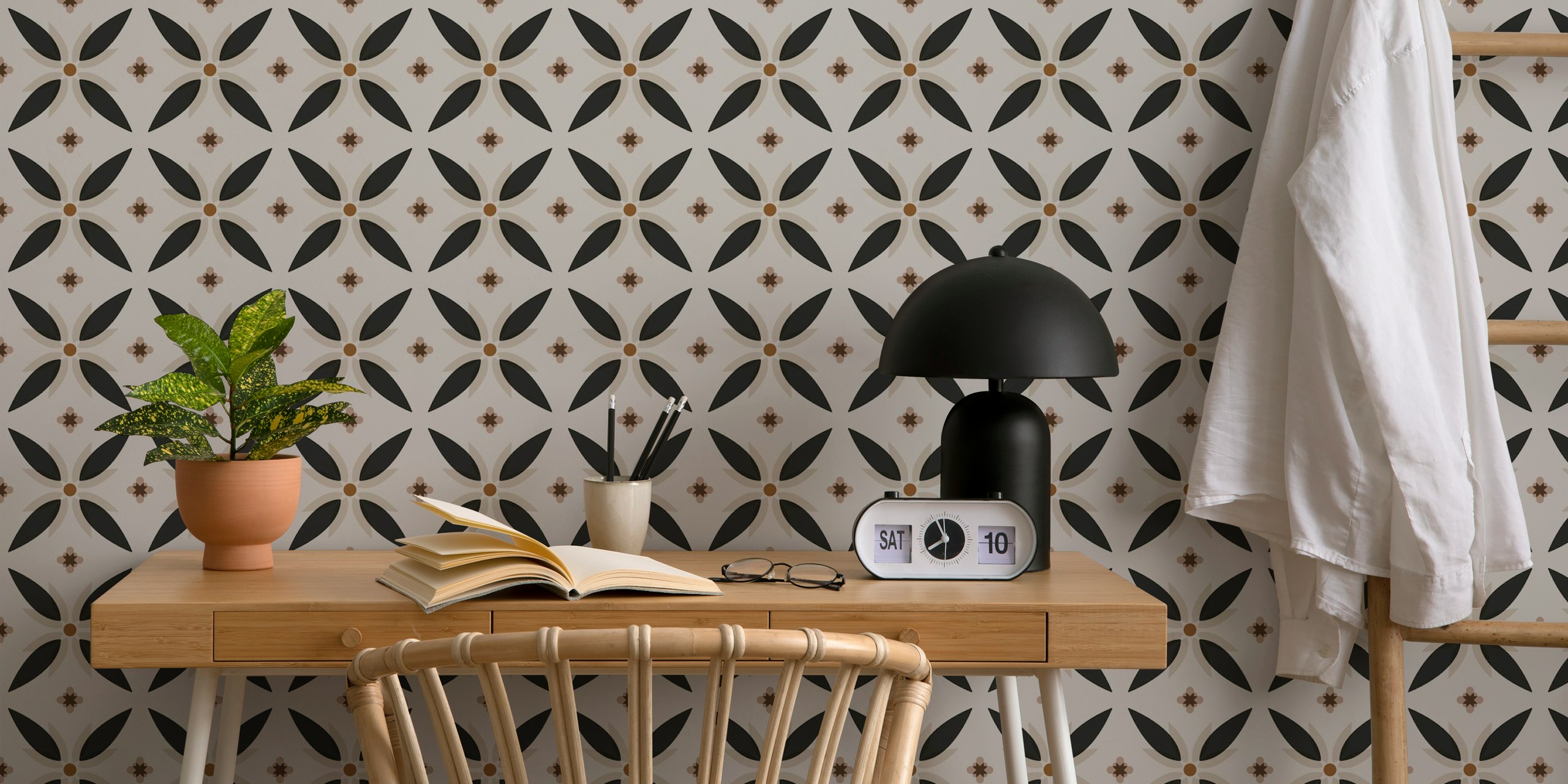 Black and beige star floral wallpaper with brown accents