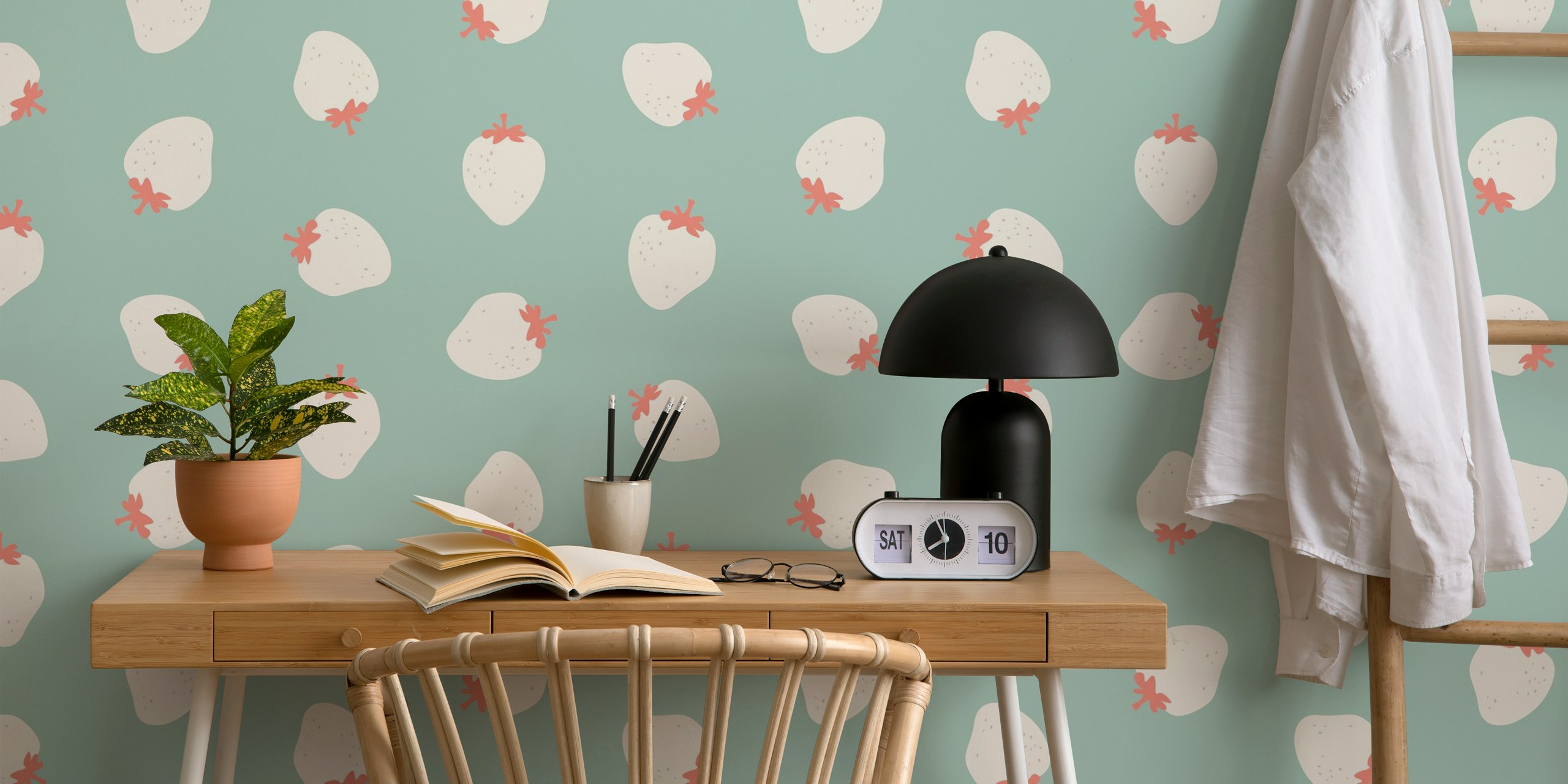 Aqua background with white strawberries and coral accents wallpaper