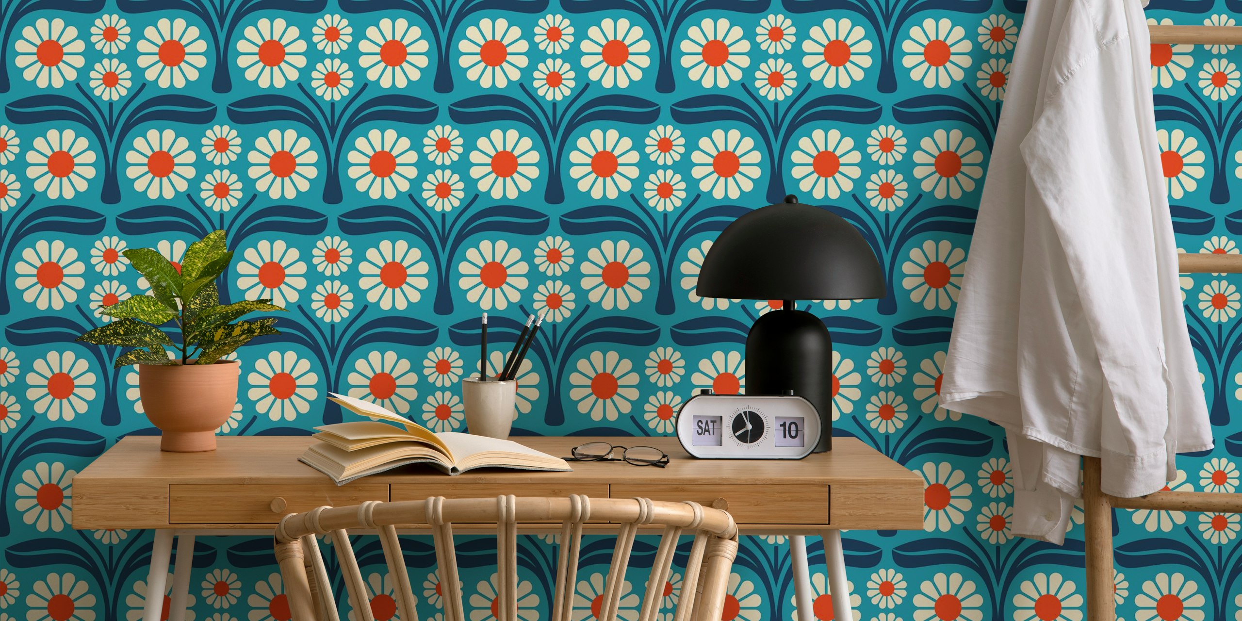 Floral pattern with large white daisies and red centers on blue background wallpaper