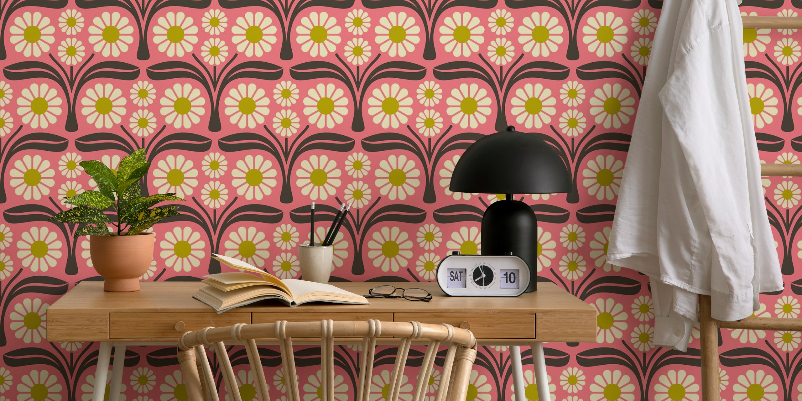 Pink and green floral pattern wallpaper with daisies in retro style