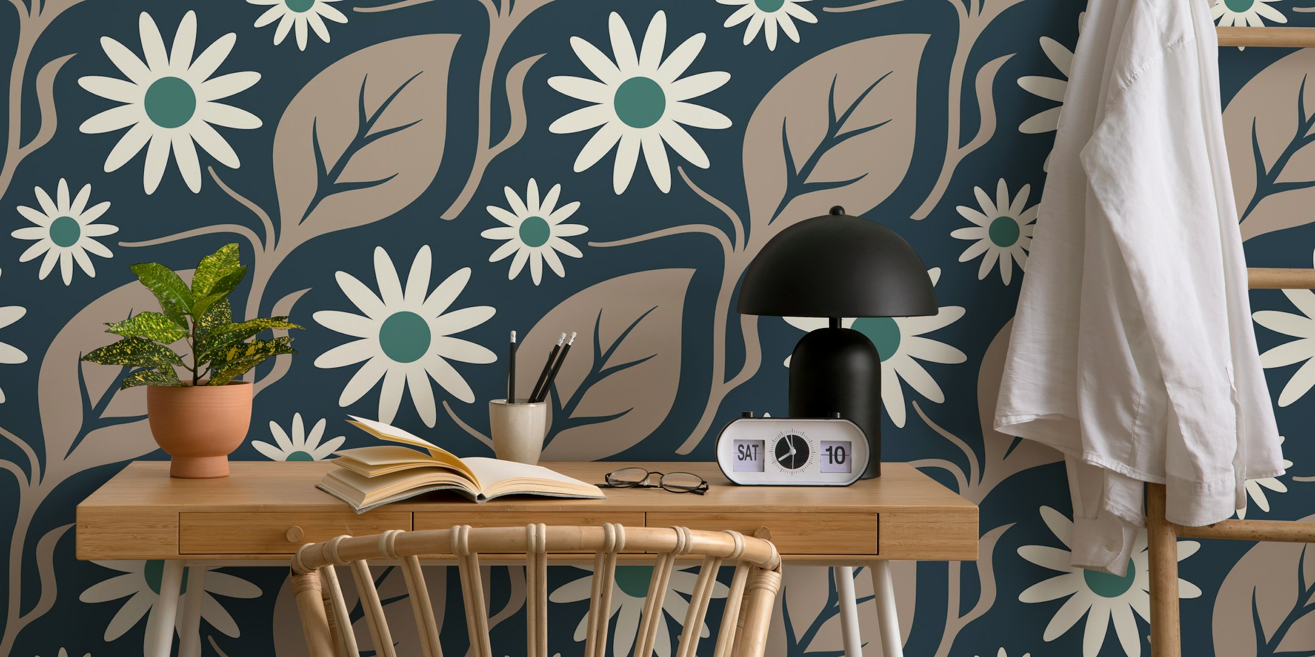 Floral daisy pattern with beige leaves and green accents wallpaper