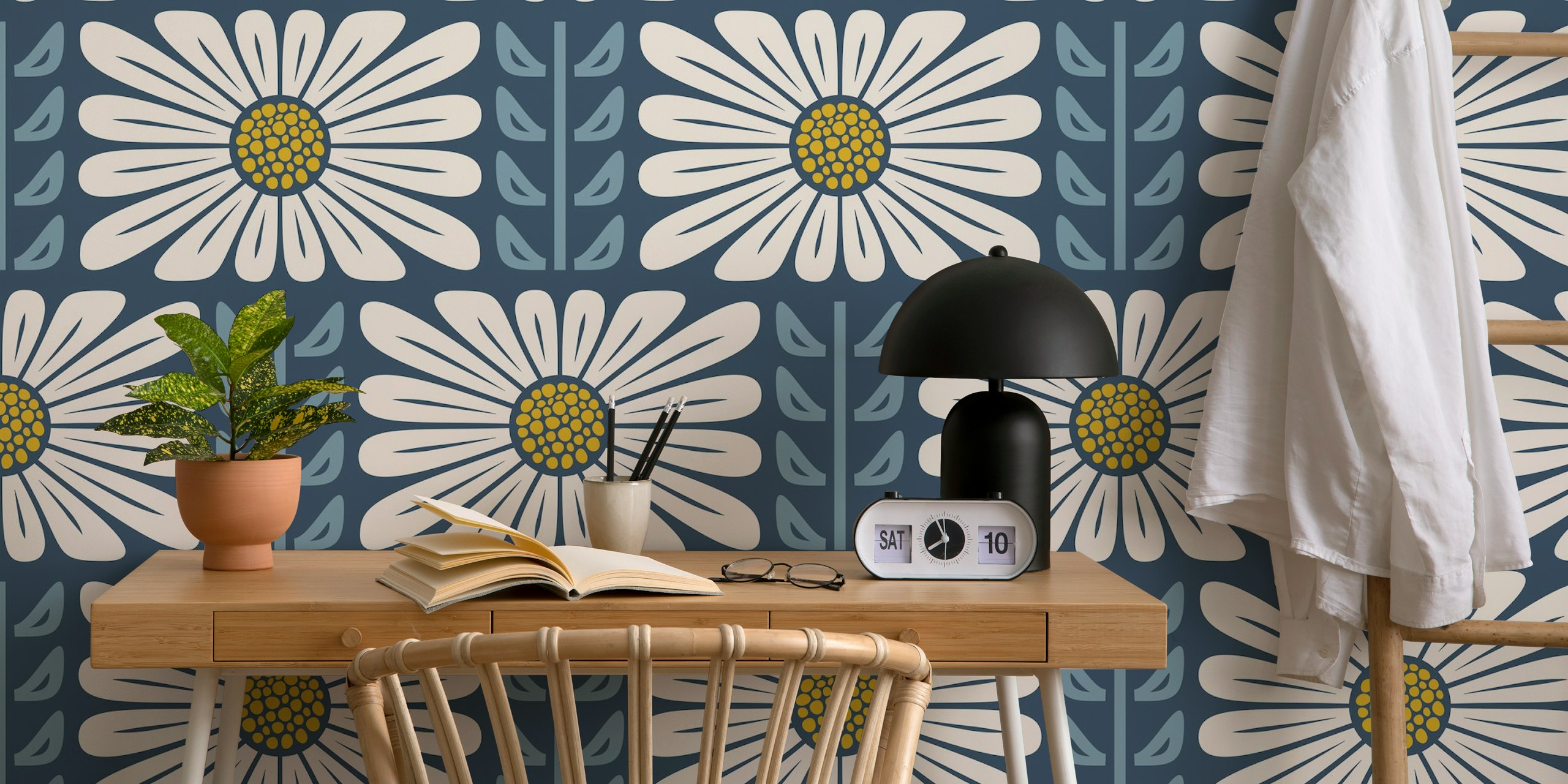 Large white floral patterns on blue background wallpaper