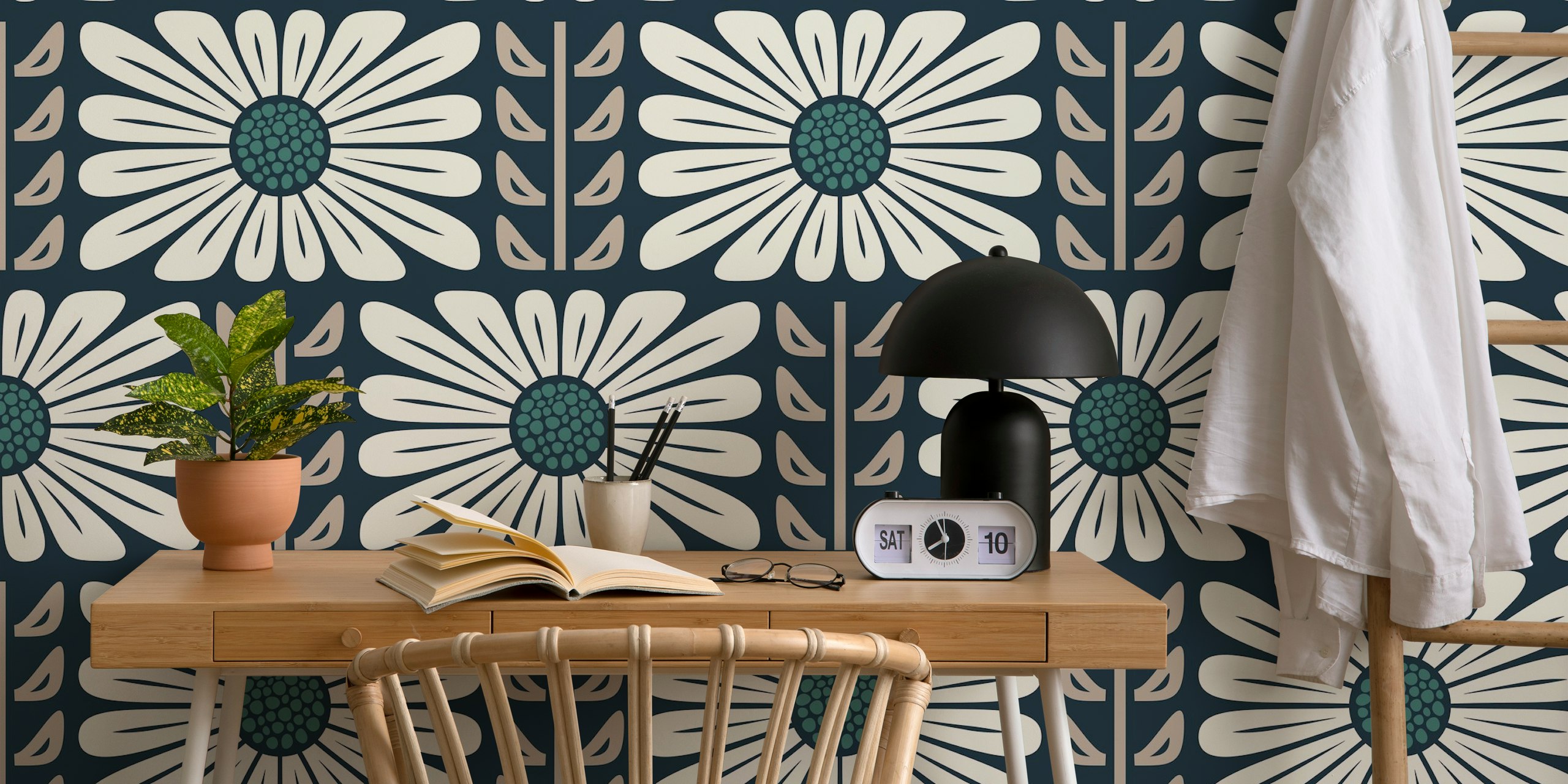 Large white flowers with green centers on a gray green background wallpaper