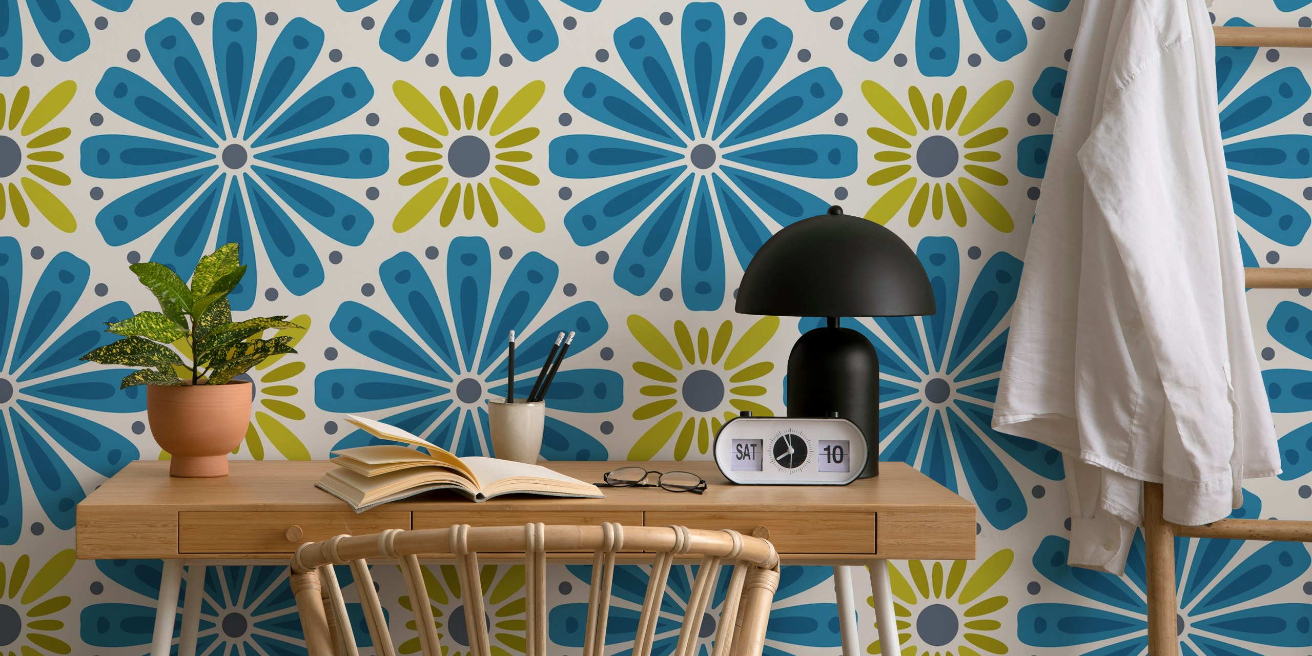 Blue and green floral pattern wallpaper featuring large flowers