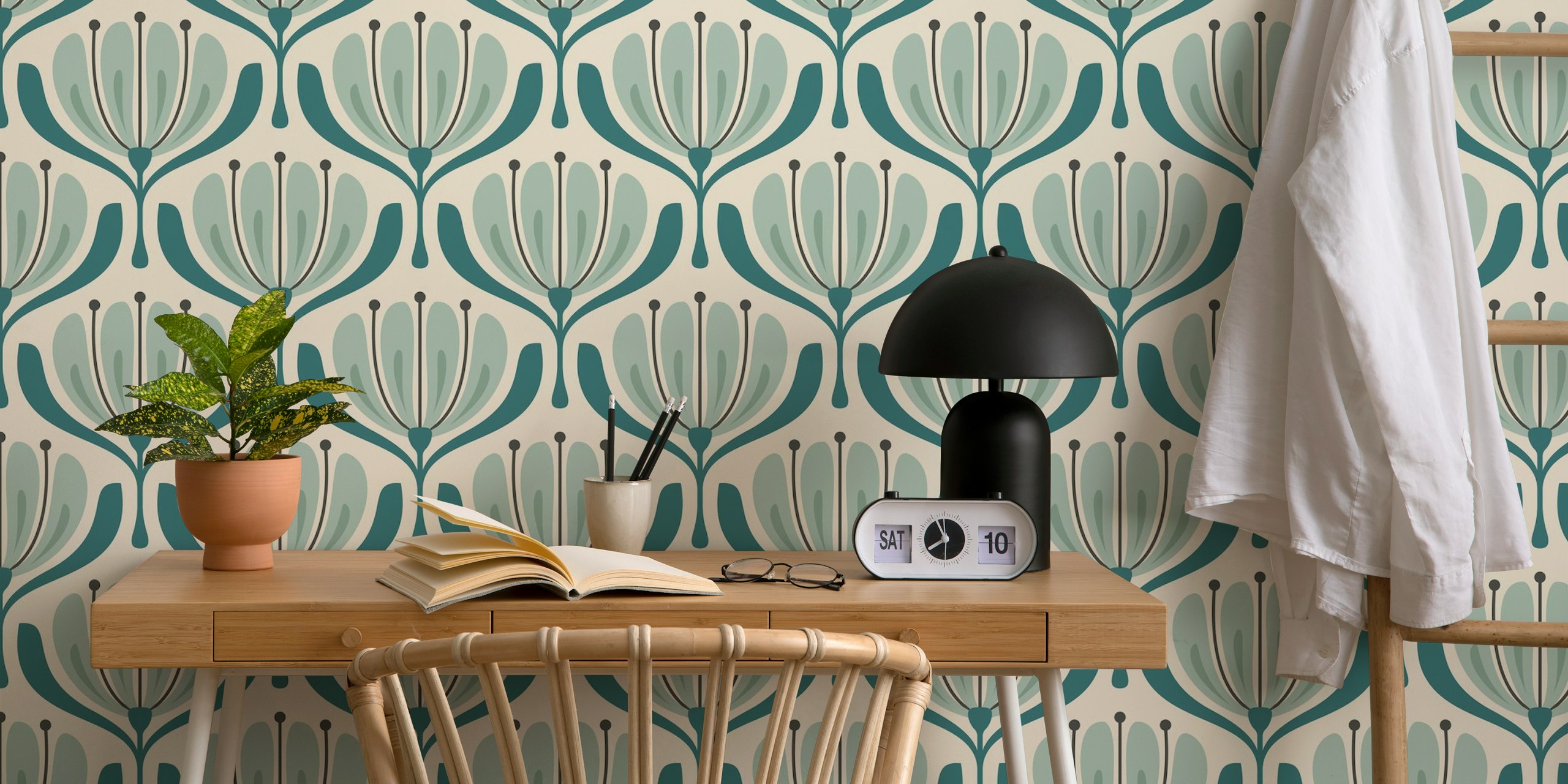 Vintage Blossom Elegance in Teal wallpaper in a room