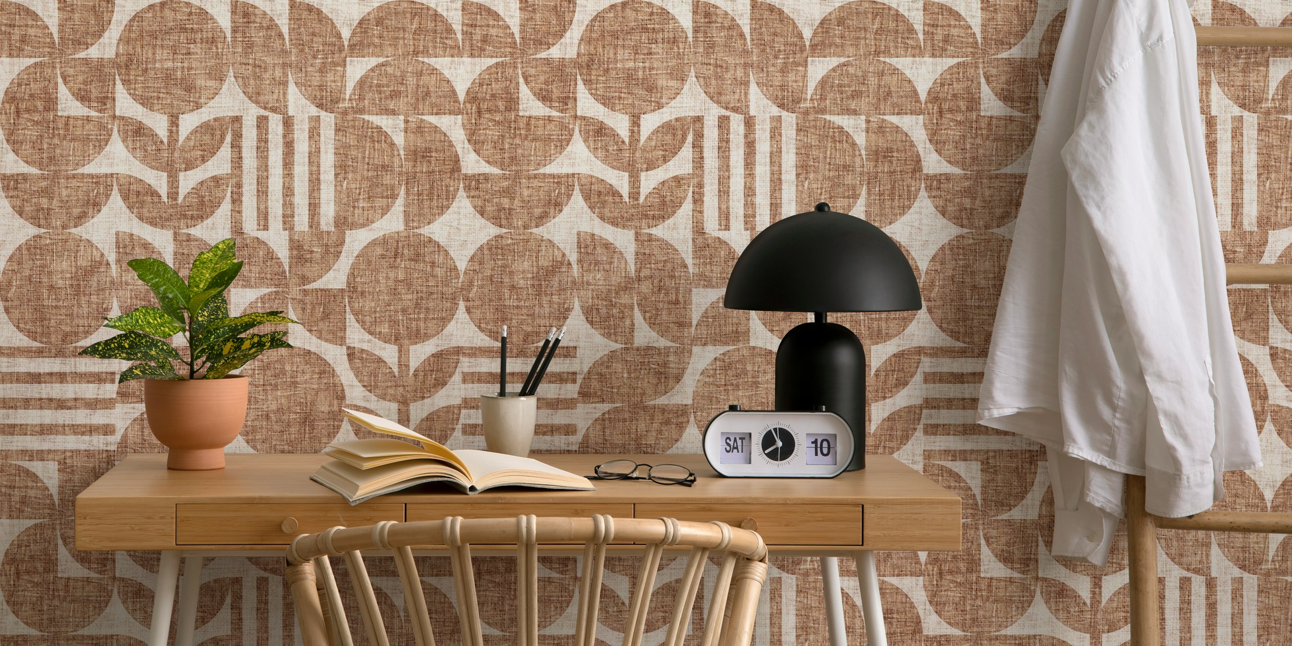 Scandi Texture Block Print Neutral Boho Brown tapetti huoneessa