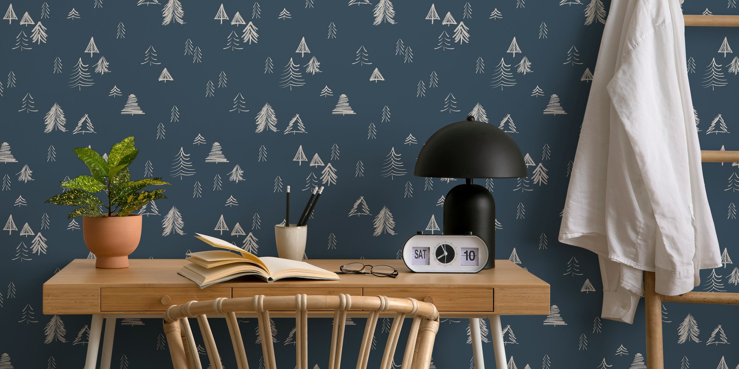 White pine trees on indigo background minimalist wallpaper