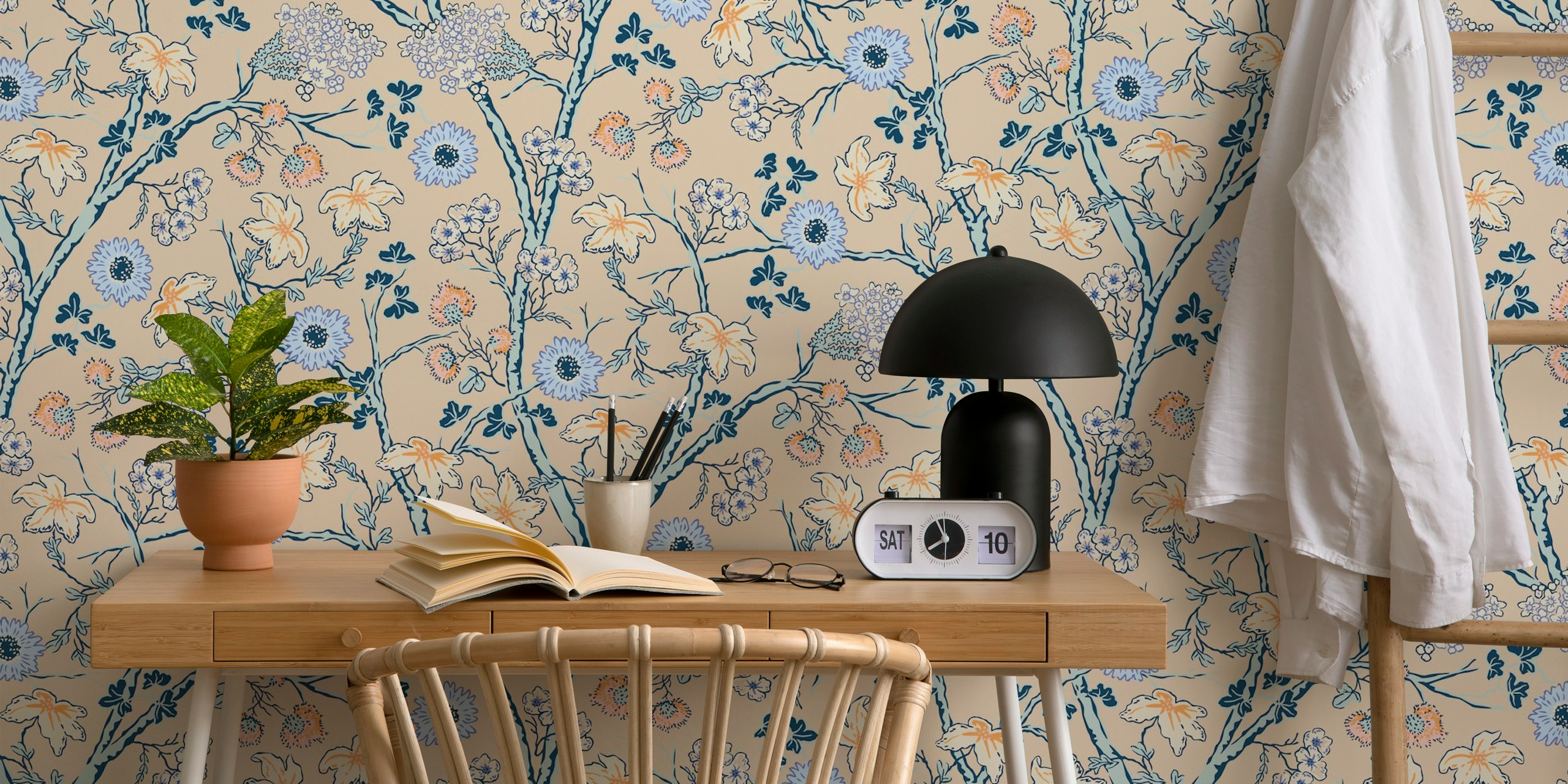 Floral design with blue and pink flowers on beige wallpaper