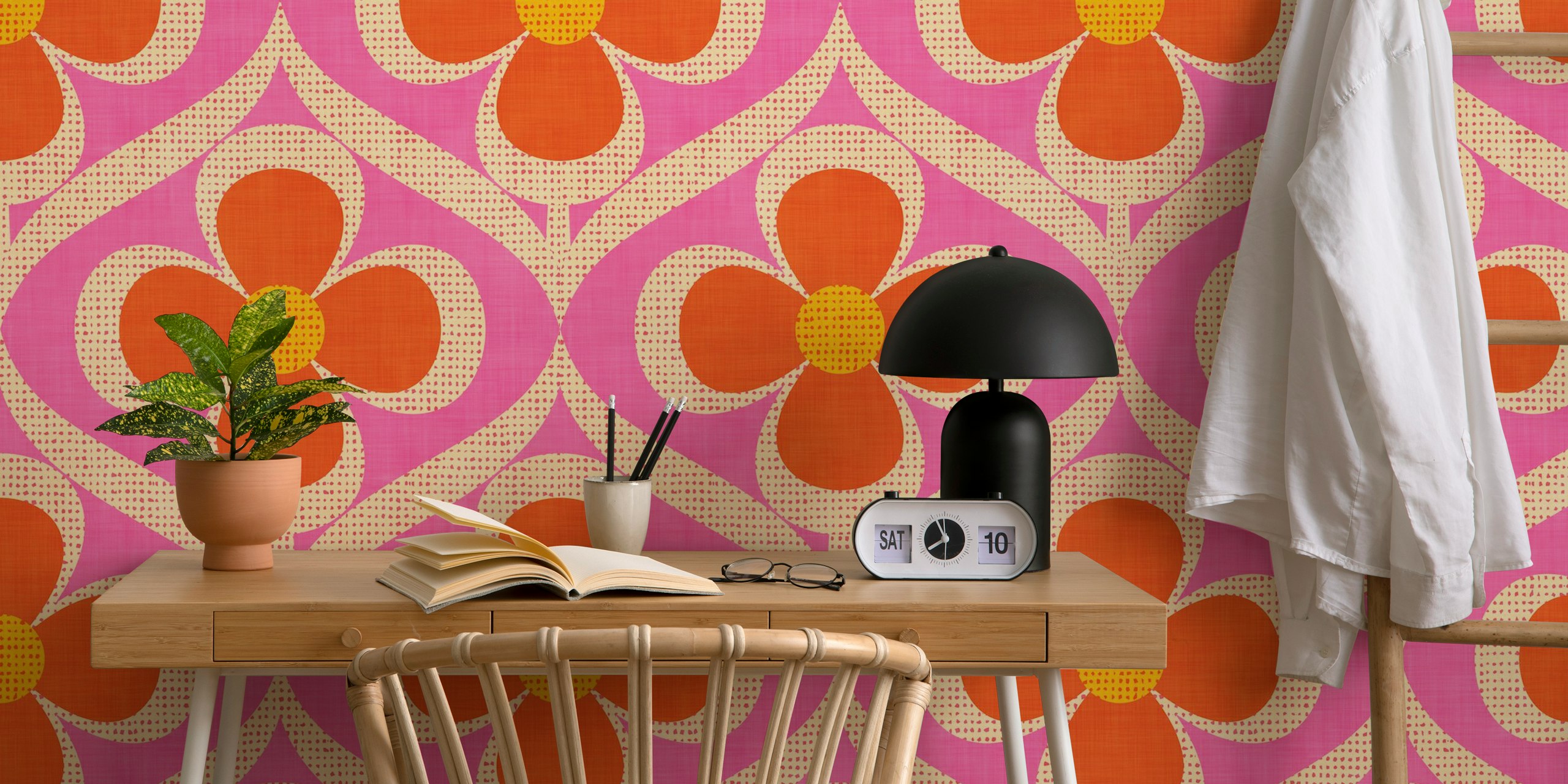 Orange and pink floral pattern with abstract shapes wallpaper