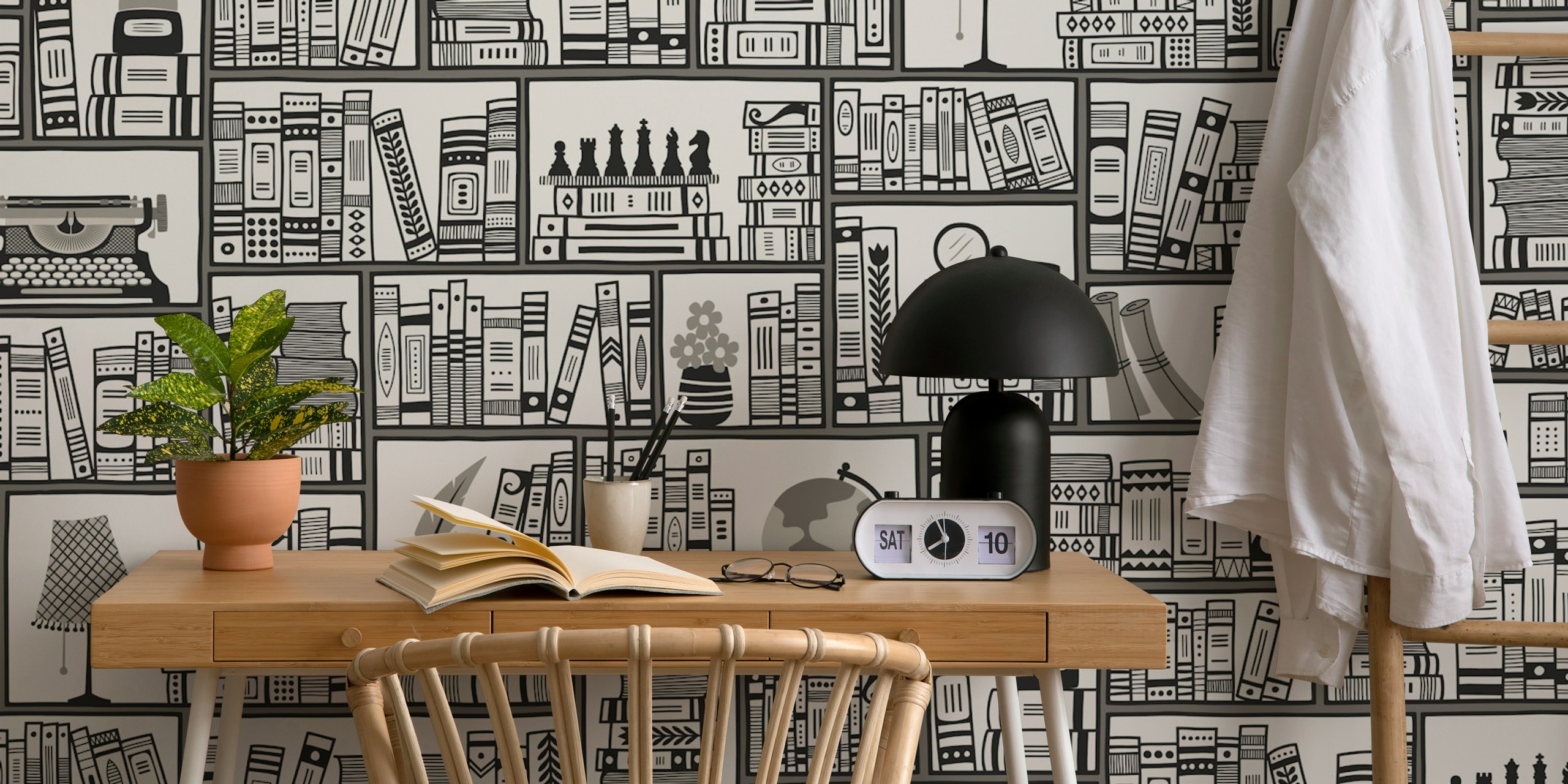 Black and white illustrated book lover's library wallpaper. Bookshelves filled with books, globes, and decor elements.