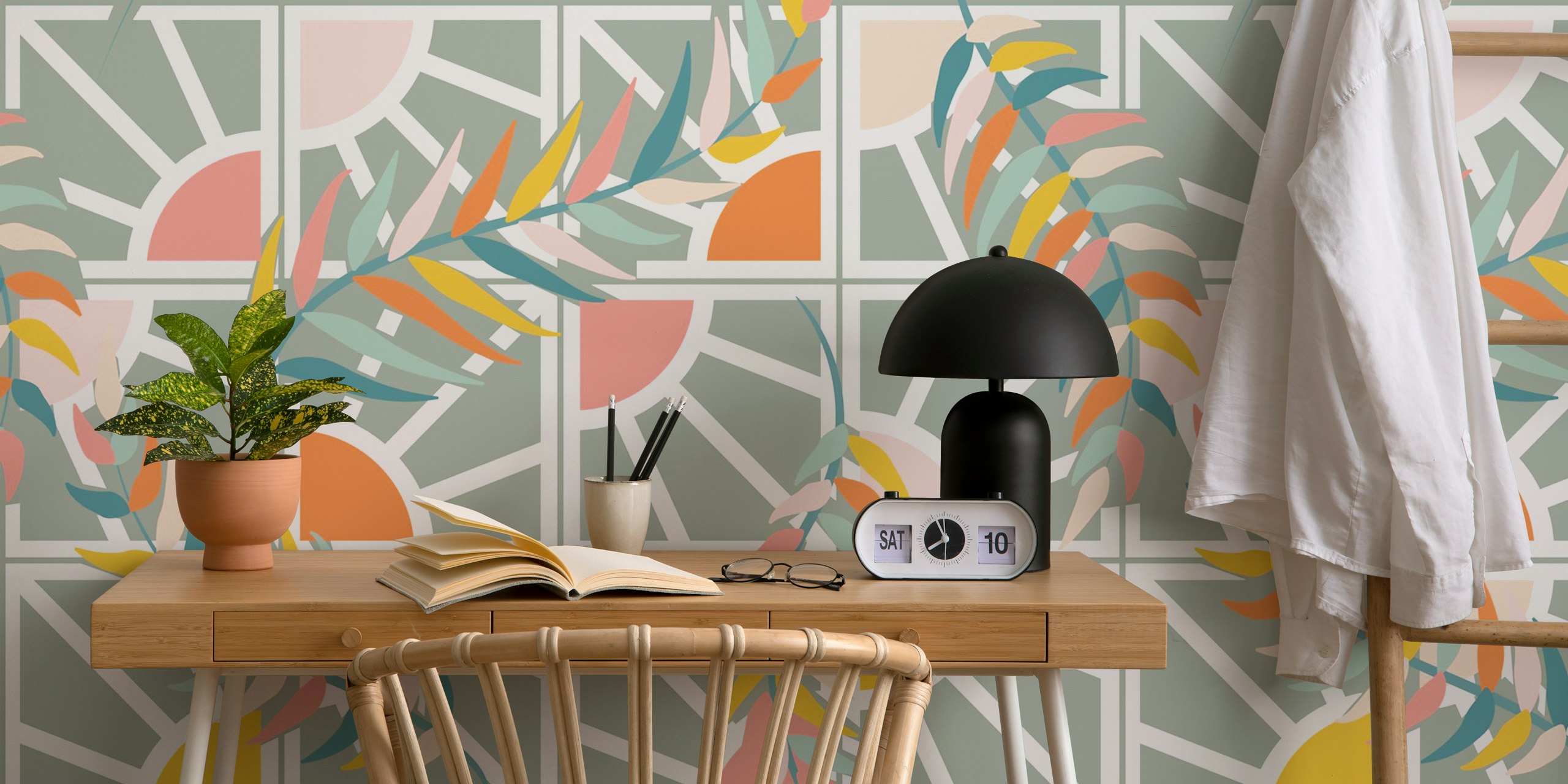 Botanical leaf patterns with pastel colors on gray background wallpaper