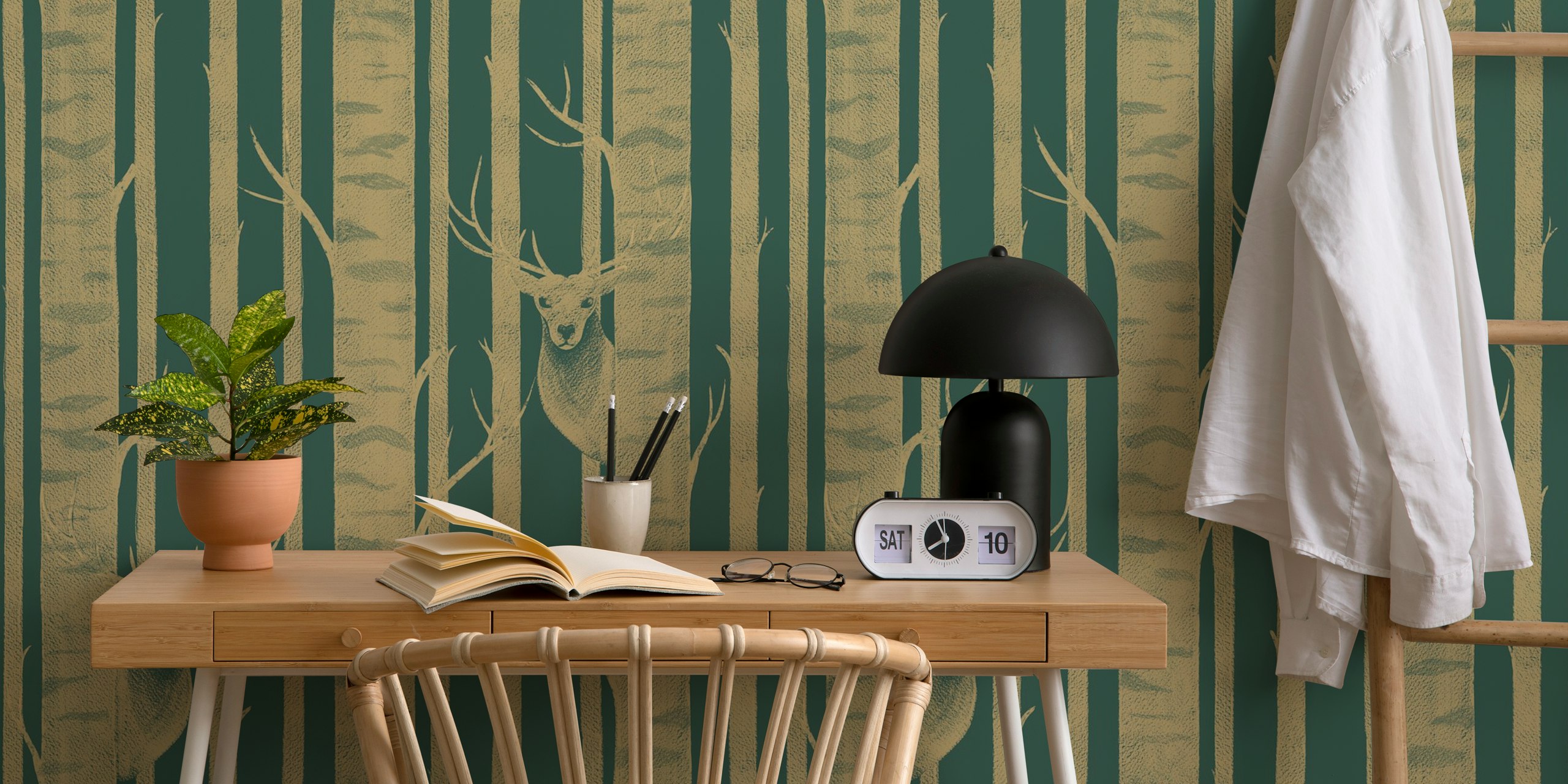 Deer in the Trees Dark Green wallpaper in room