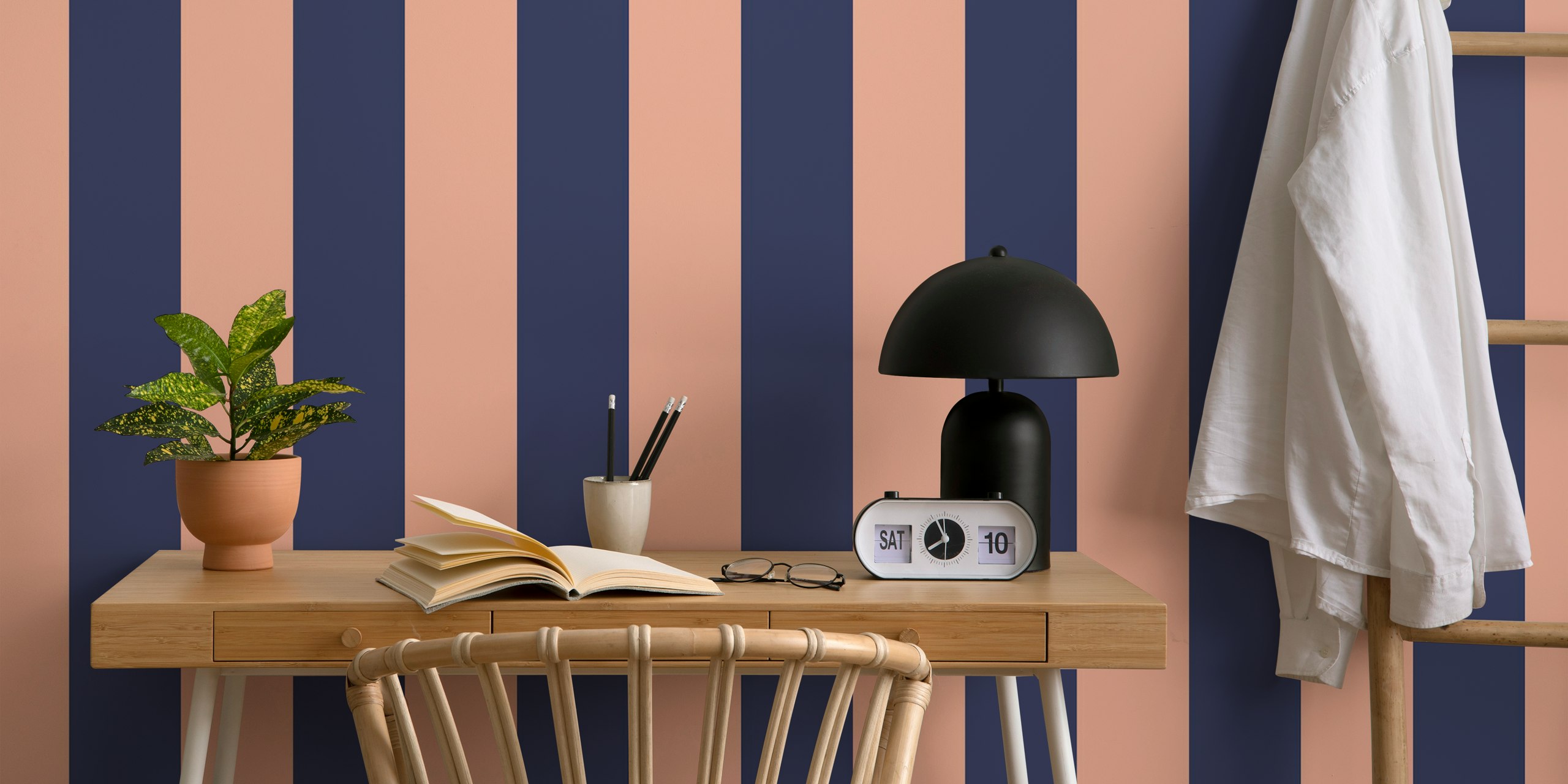 Horizontal peach and navy striped wallpaper design