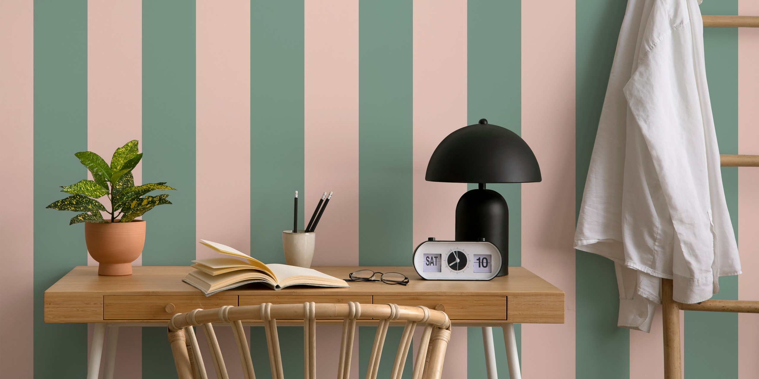 Pastel peach and sage green awning stripe wallpaper
