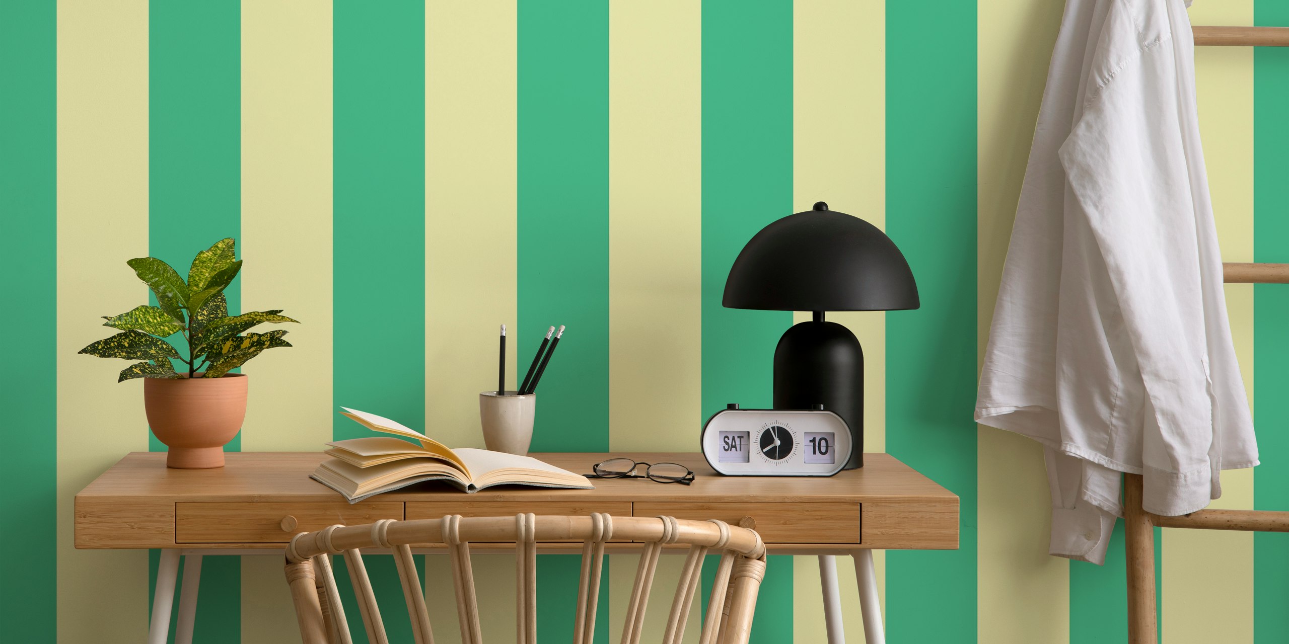 Pastel lemon yellow and green awning stripe wallpaper