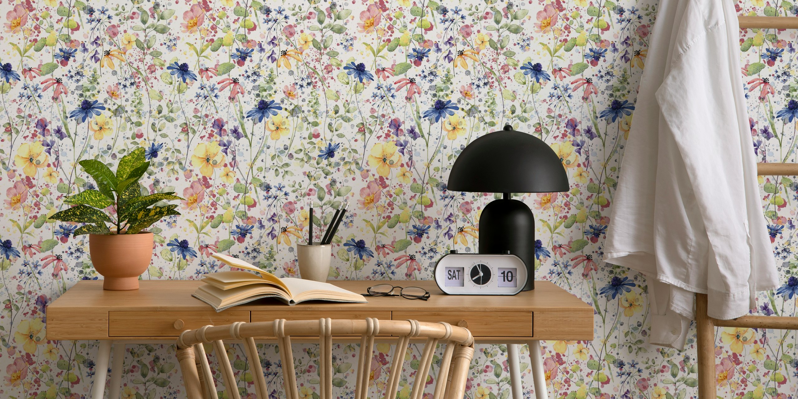 Colorful floral pattern with pink, blue, and yellow flowers wallpaper
