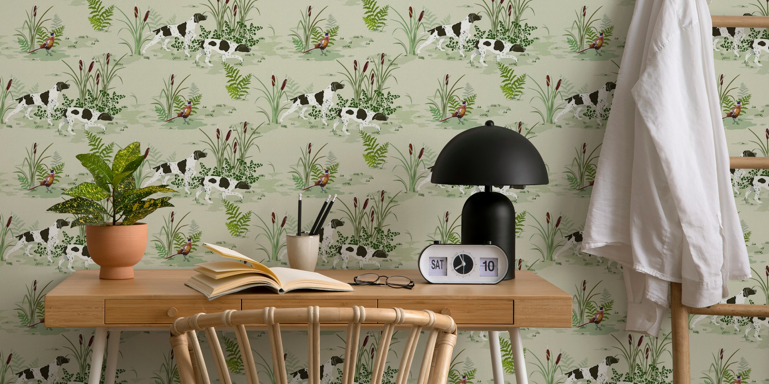 Vintage hunting dog scene wallpaper in a room