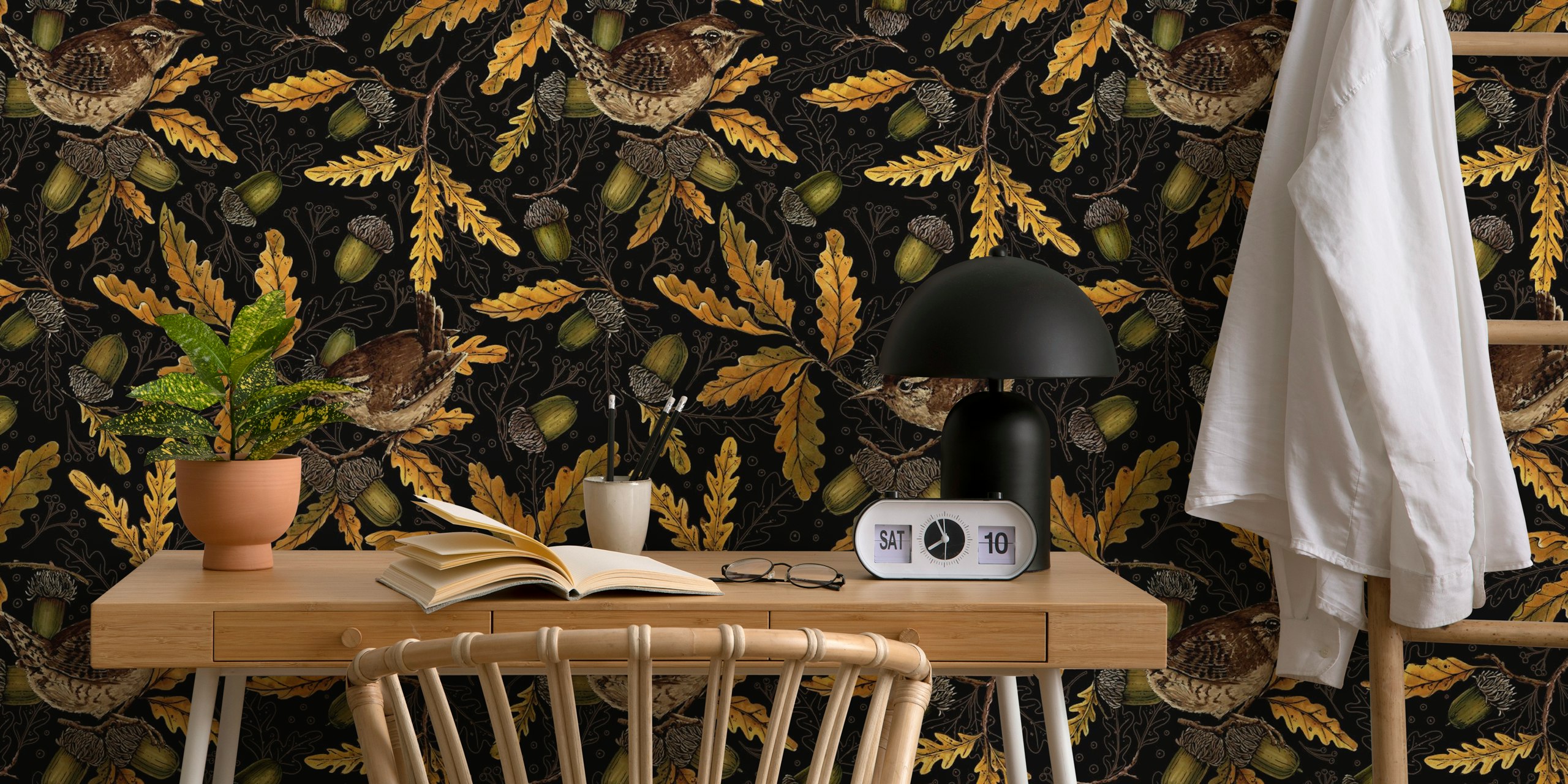 Wrens and acorns wallpaper design