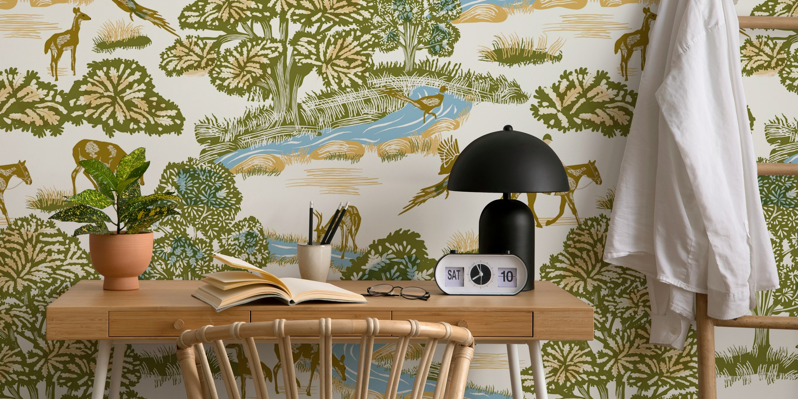 Nature scene wallpaper featuring trees, deer, and a stream in green and beige tones