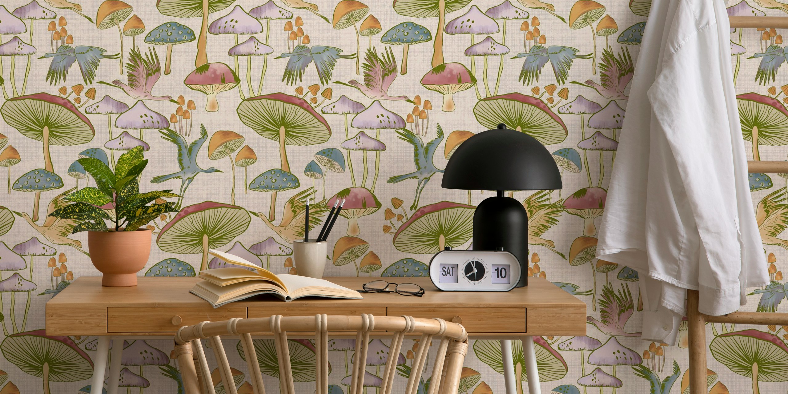 Wallpaper with flying cranes and mushrooms