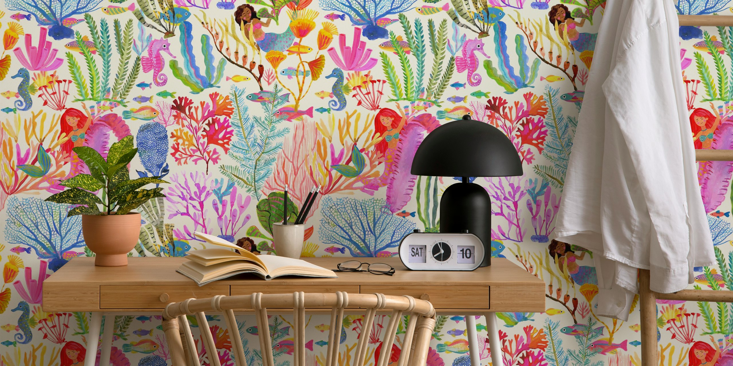 Mermaids, sea plants, fish in vibrant colors cream wallpaper