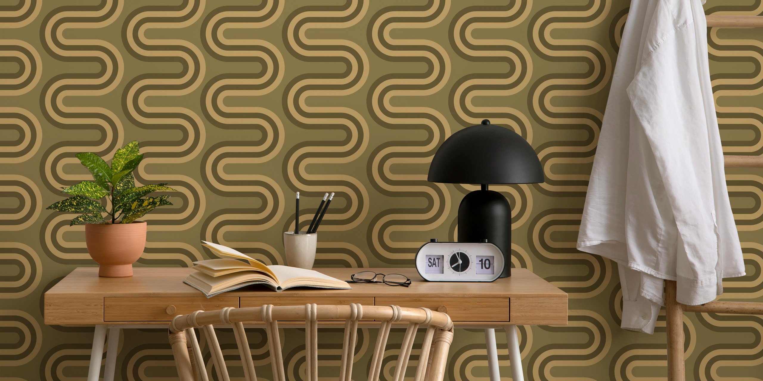 Curved zig-zag stripes in brown and beige wallpaper