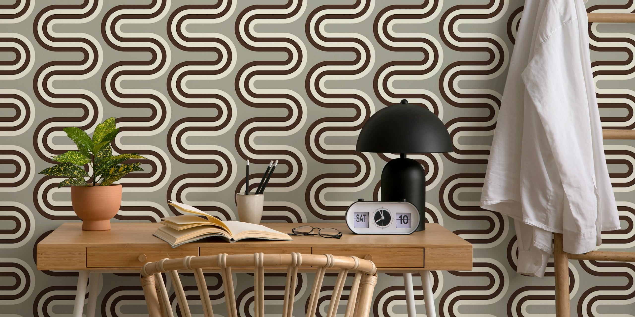 Gray and black zig-zag curved stripes patterned wallpaper