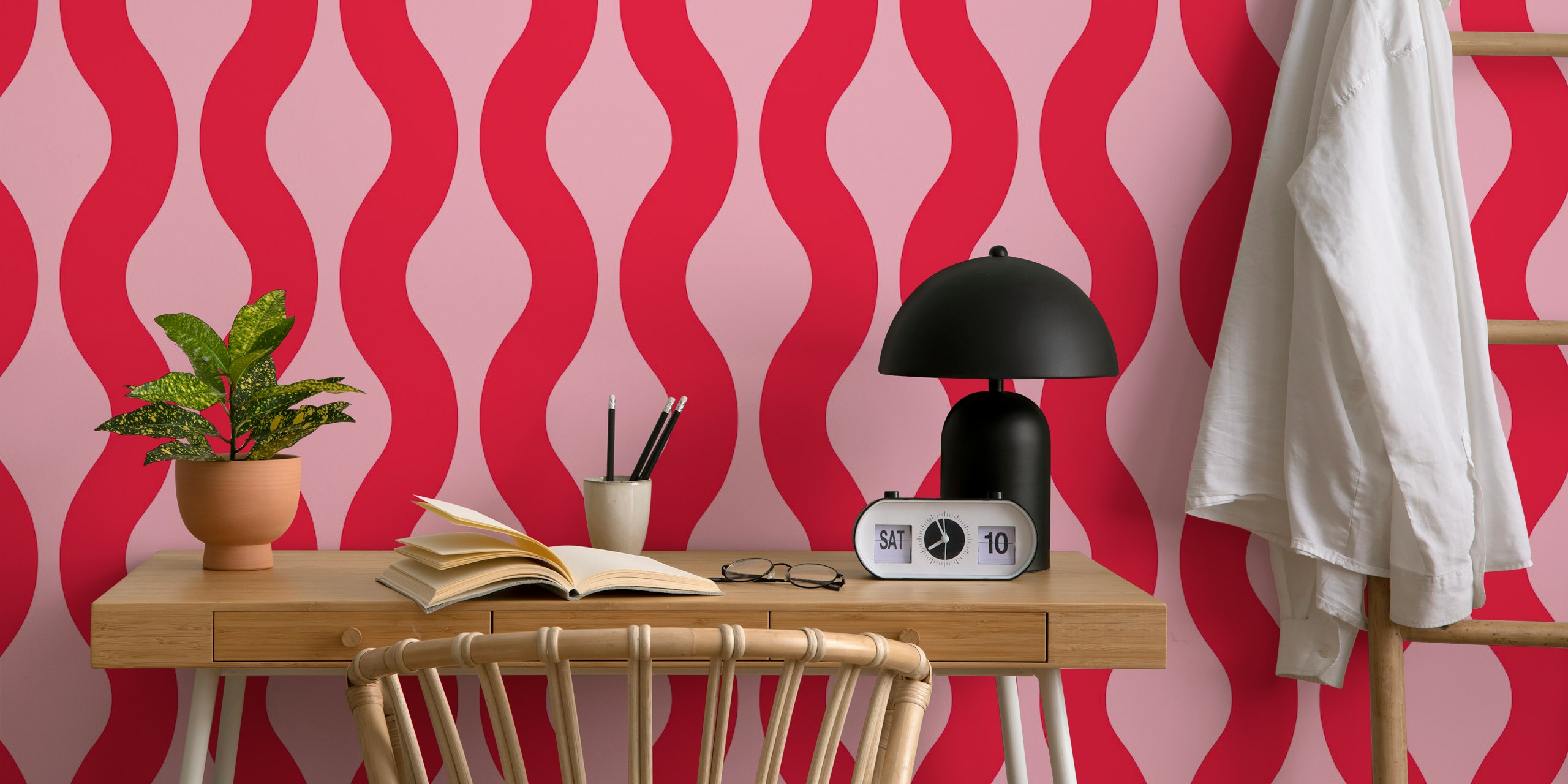 Pink and Crimson Red Modern Waves wallpaper in a room