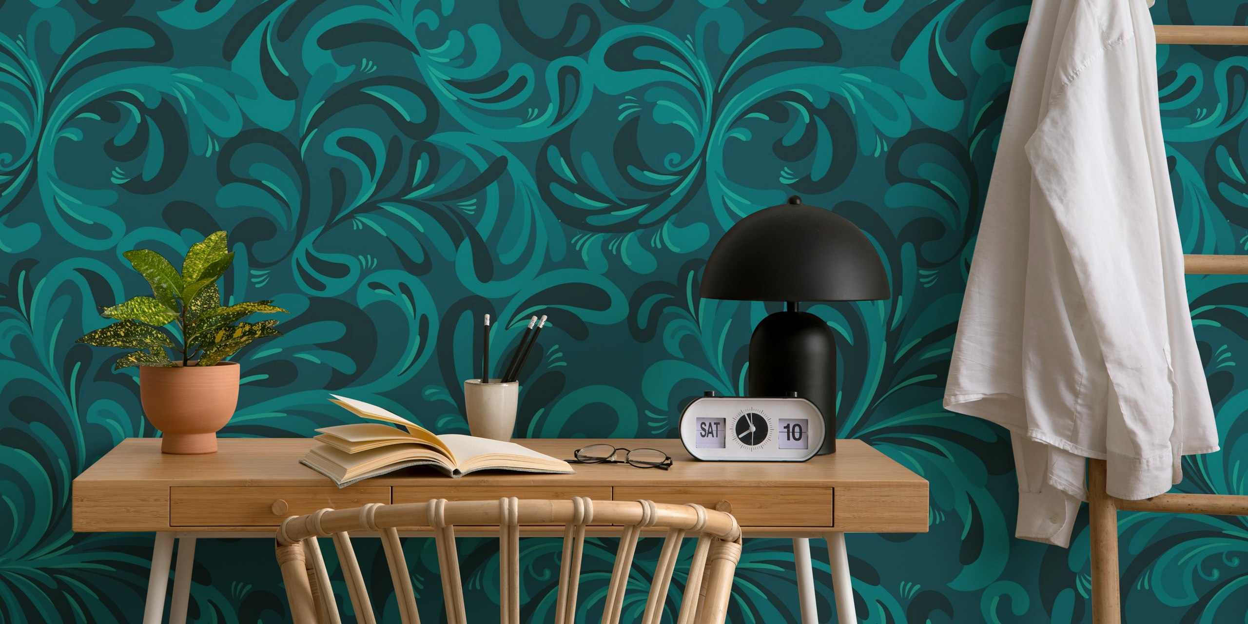 Bohemian jewel flourish monochrome teal Tapete
