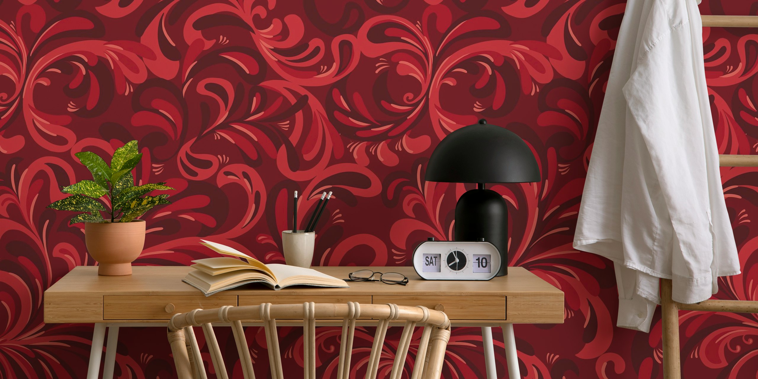 Bohemian jewel flourish rubin red behang in een kamer