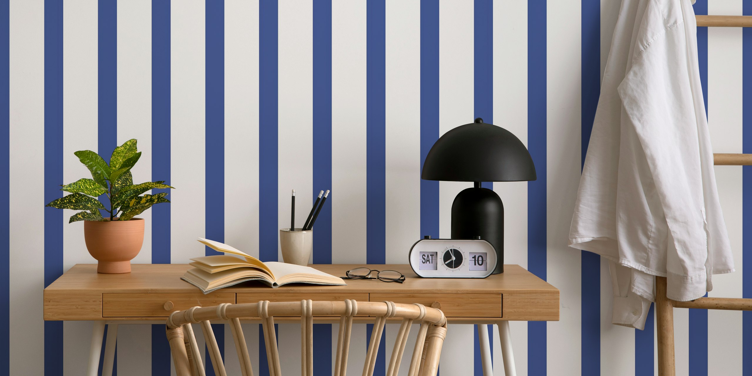 Minimal striped design in indigo blue and beige wallpaper