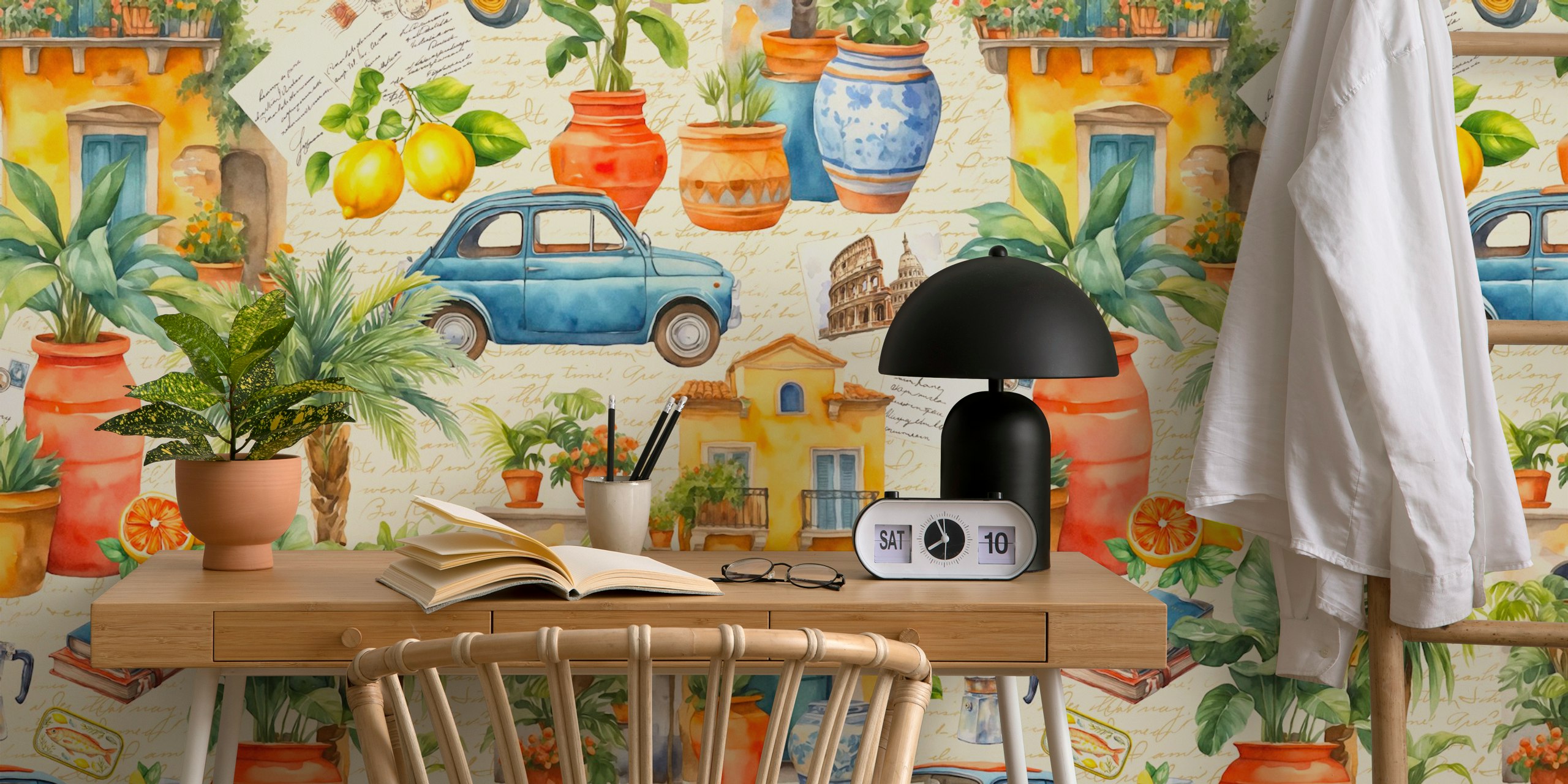 Colorful Mediterranean-themed wallpaper with houses, plants, and vintage cars