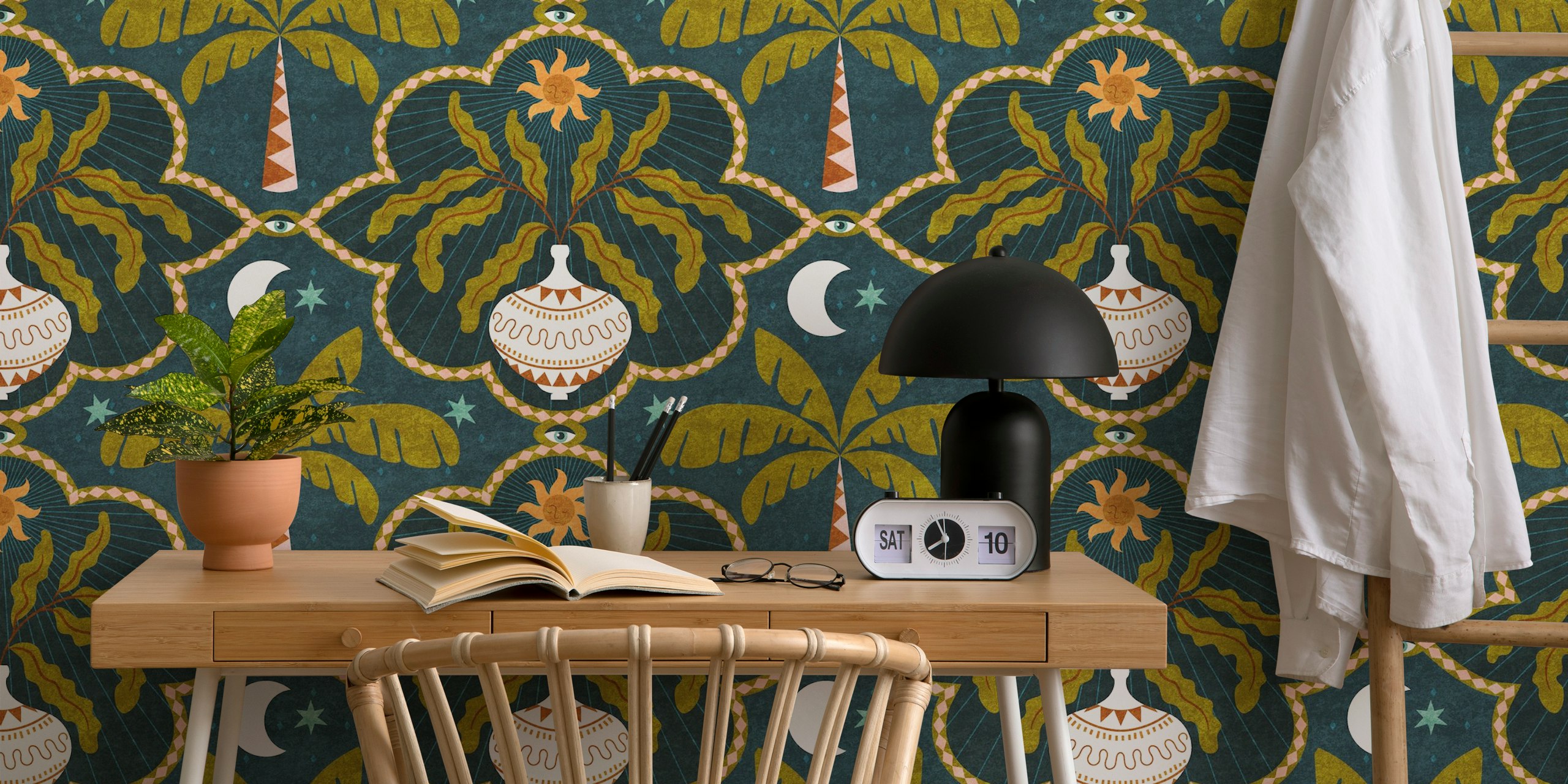 Dark Boho Celestial Moon Palm Tile wallpaper