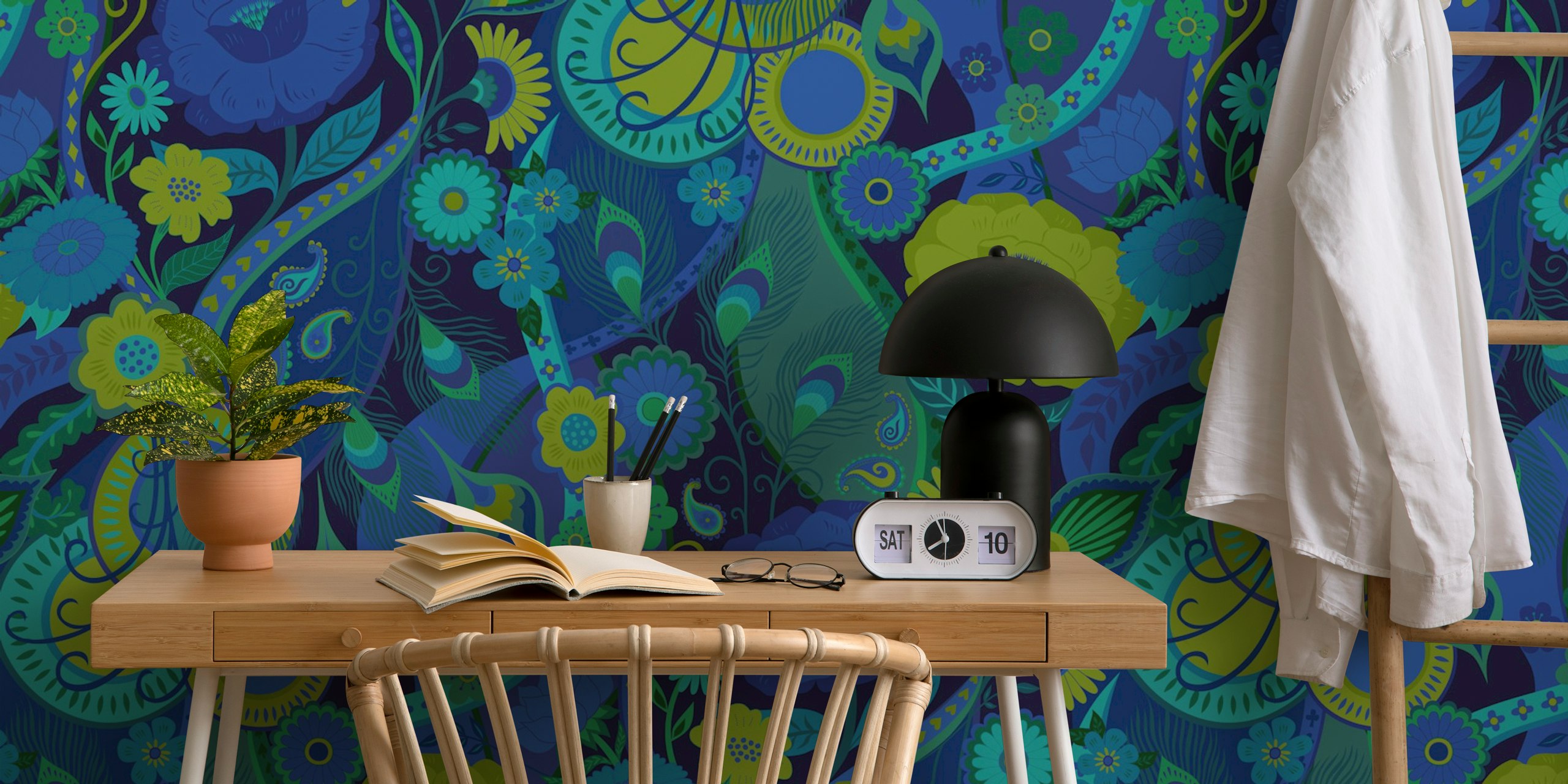 Opulent Bohemian 70s Glam Floral wallpaper in a room