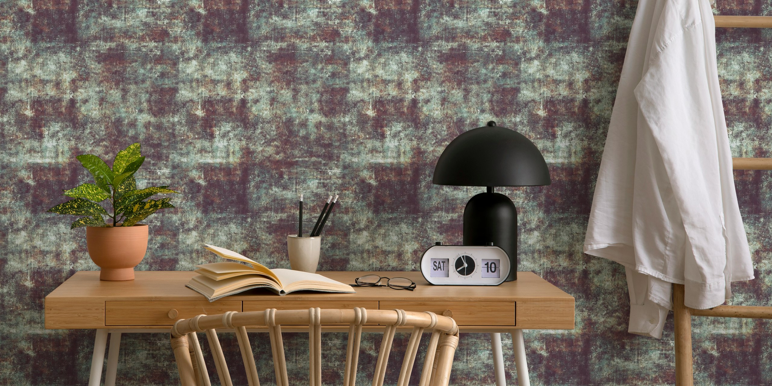 Textured rustic patina wallpaper in shades of brown and teal