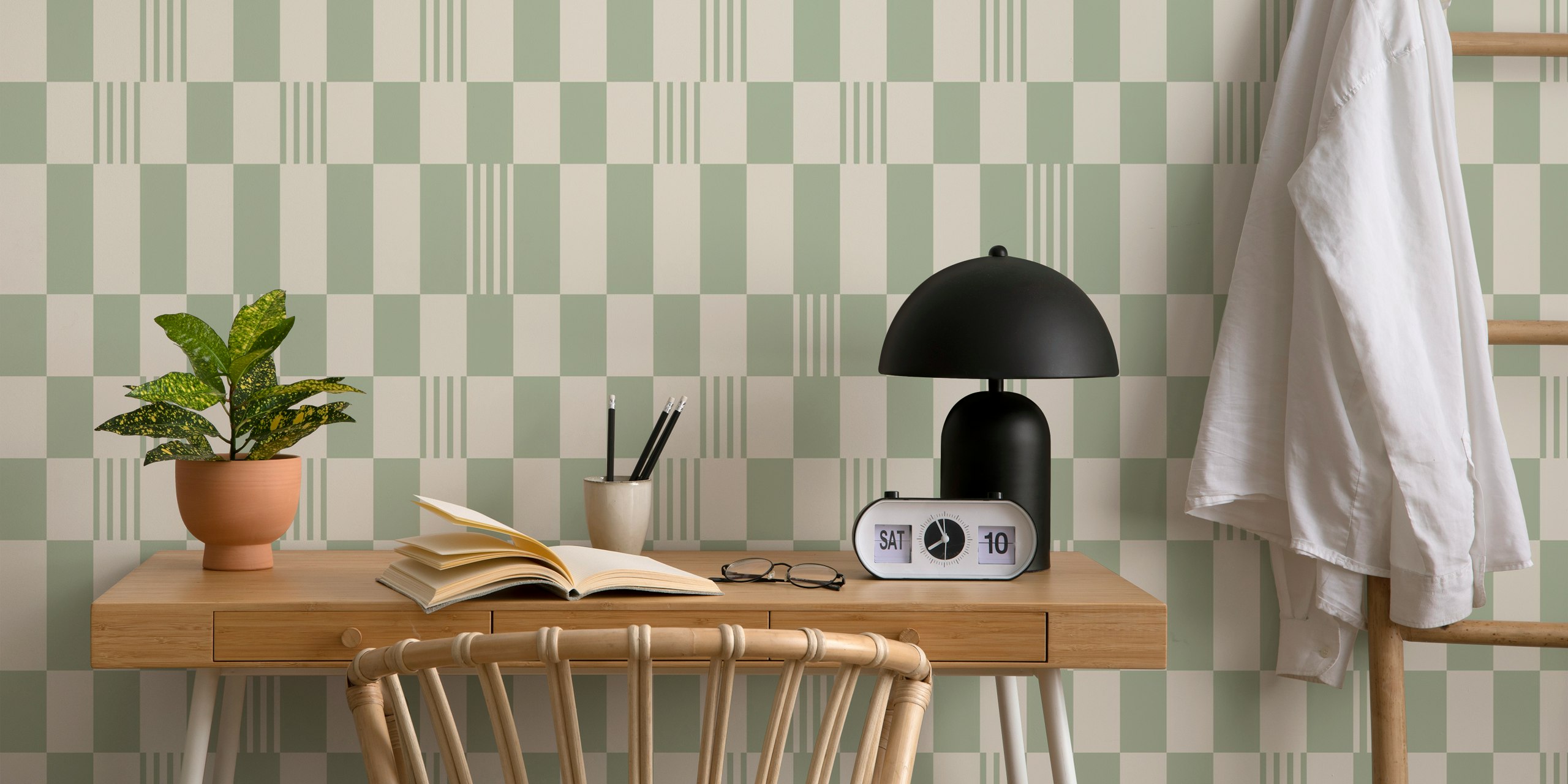 Sage green and cream checkered pattern wallpaper