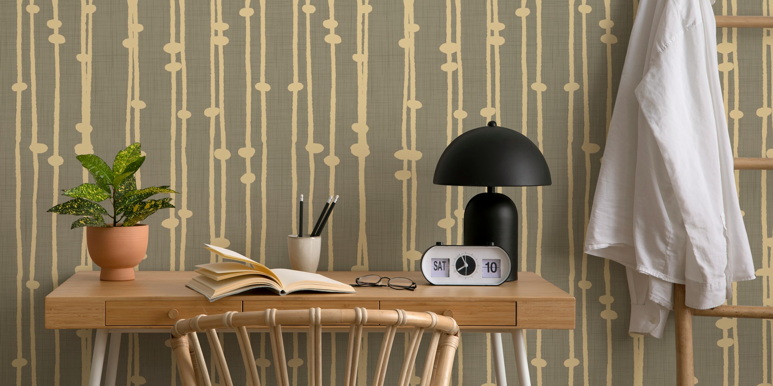Boho Jewel Tone Stripes Retro Taupe wallpaper in a room