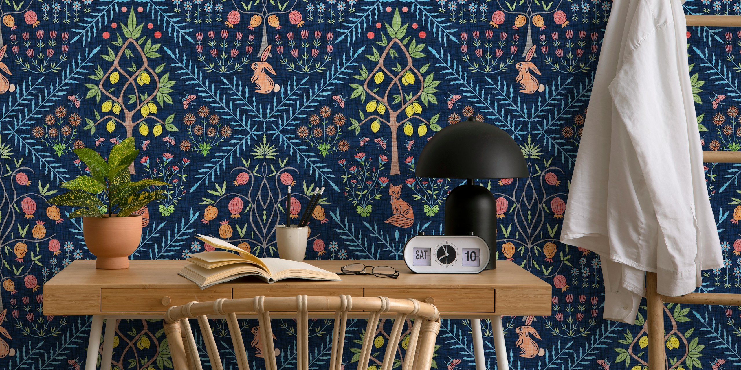 Fox and herb garden folk tapestry wallpaper