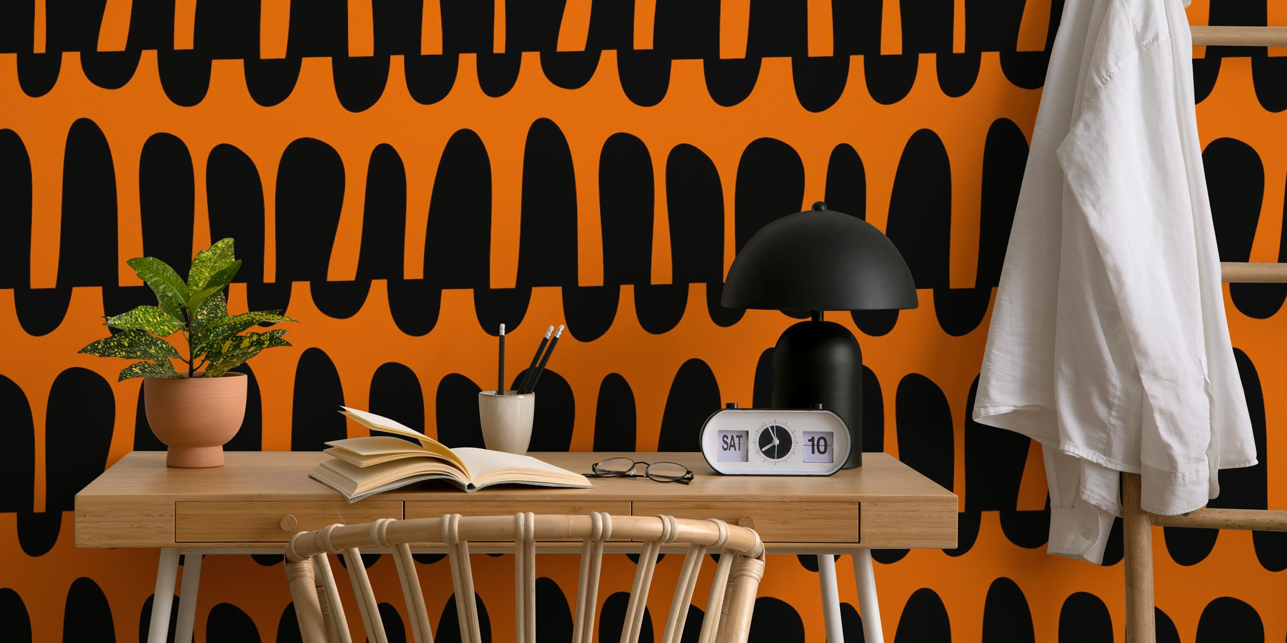 Orange and black wavy horizontal stripes wallpaper