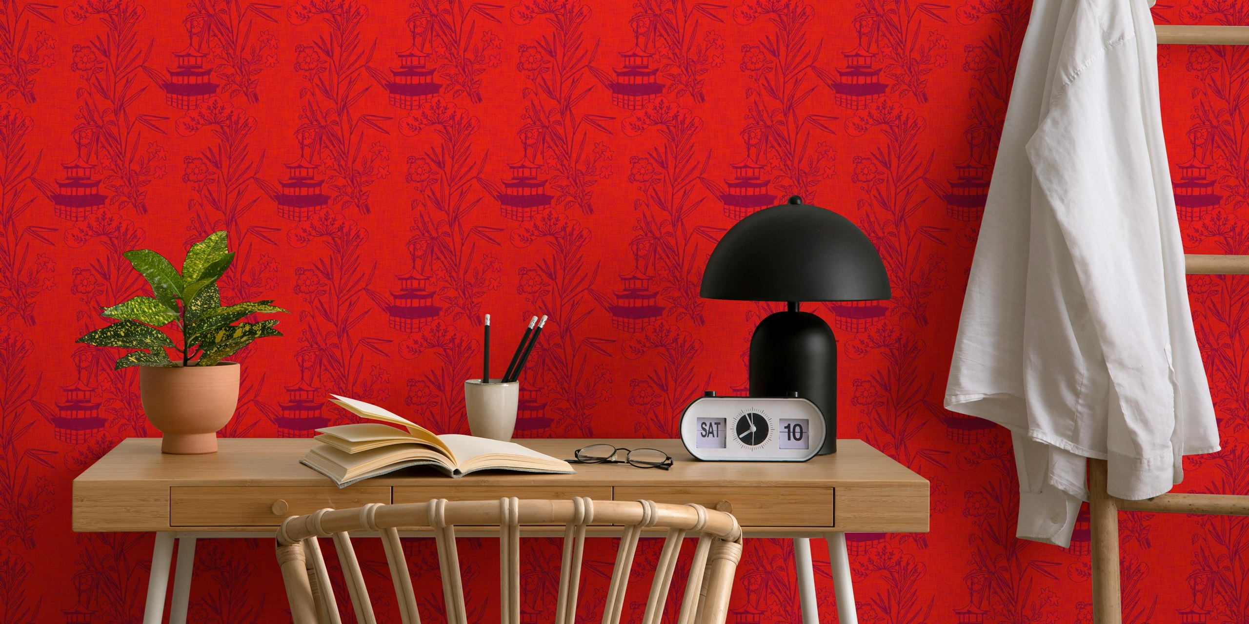 Red Asian Toile wallpaper with bamboo and pagoda