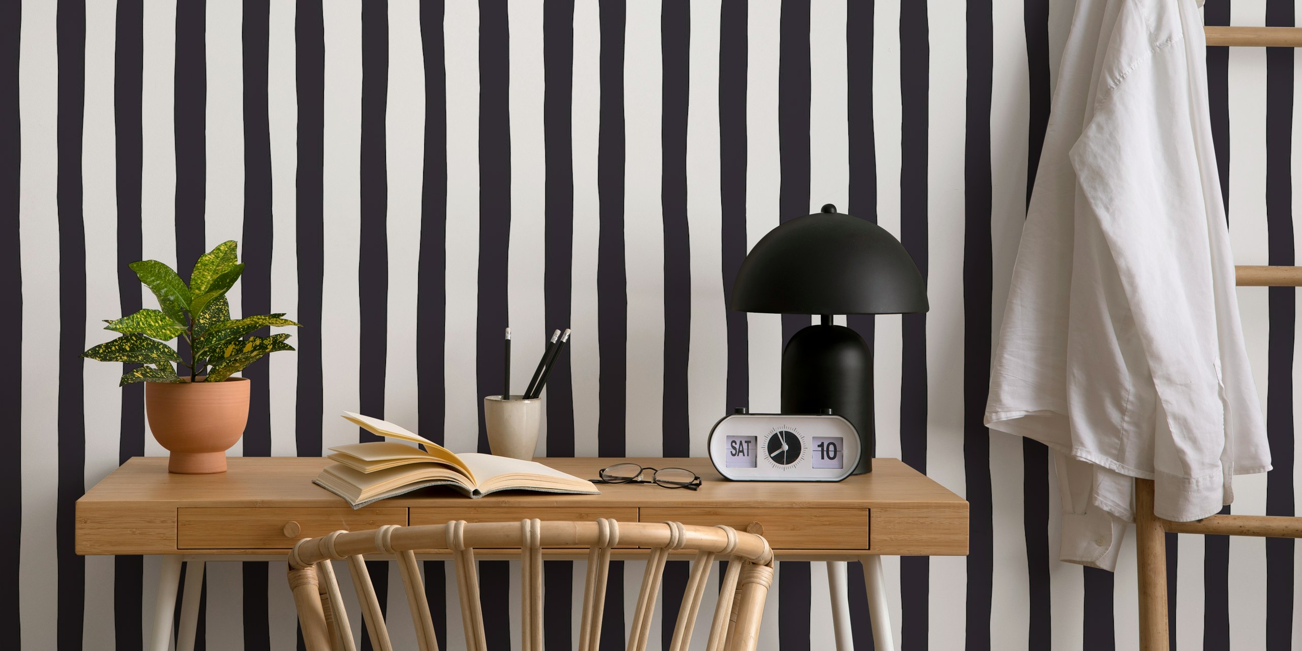 Gothic Black and White Wonky Stripes wallpaper in a room