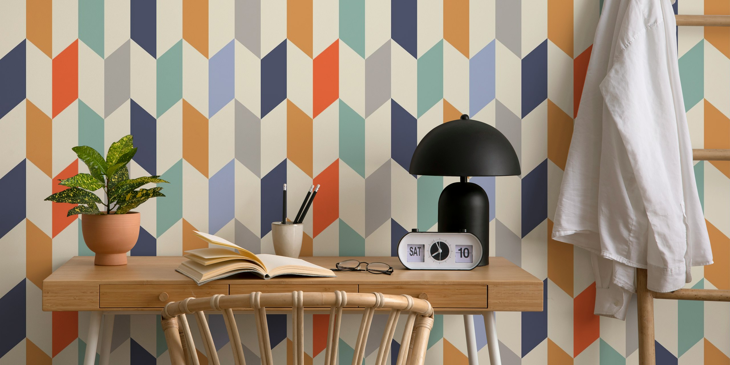 Multicolored geometric patterns in various shapes on wallpaper
