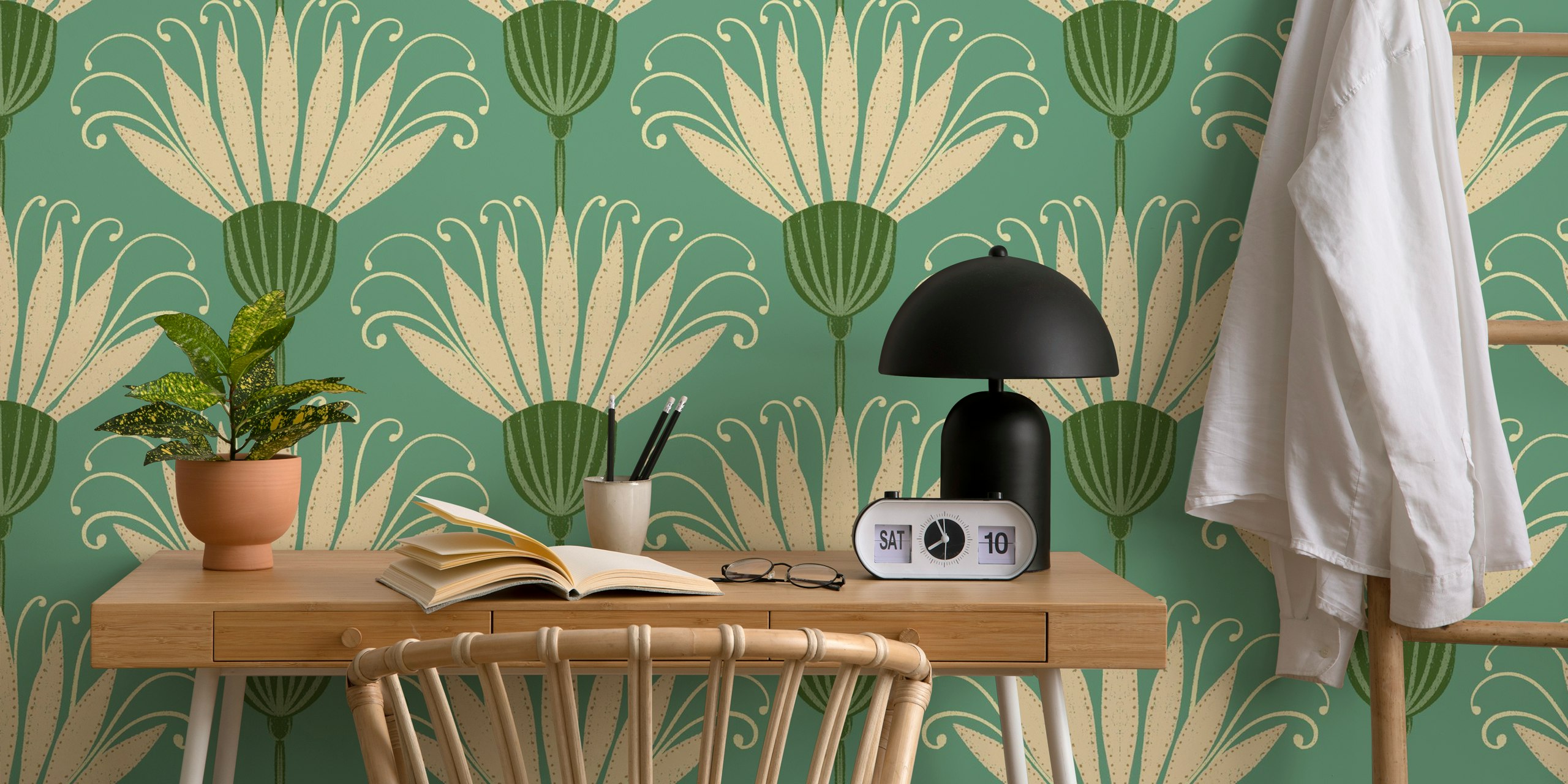 Soft Jade Green Retro Floral Wallpaper Design
