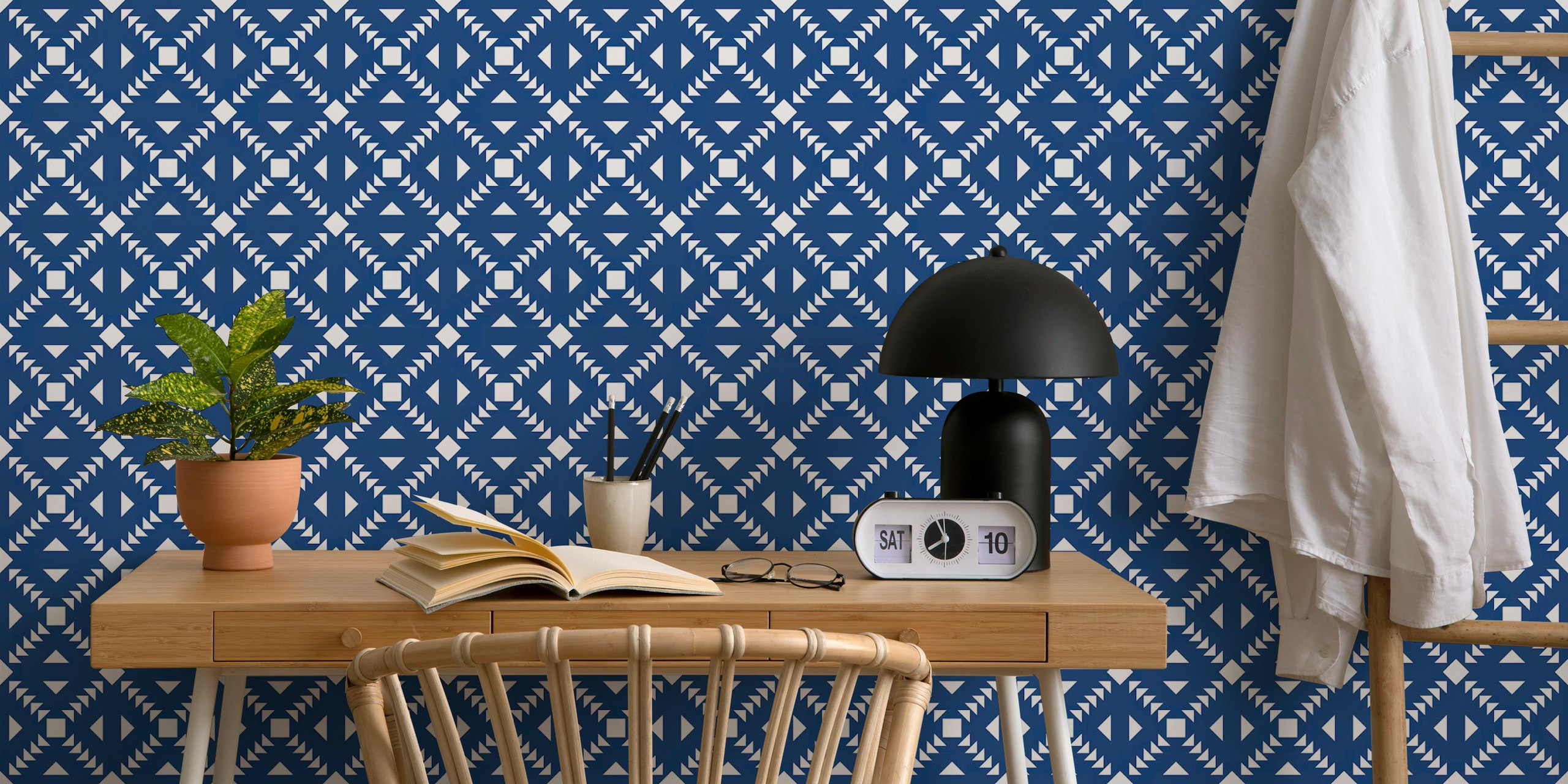 Navy blue tiles minimalist wallpaper in interior