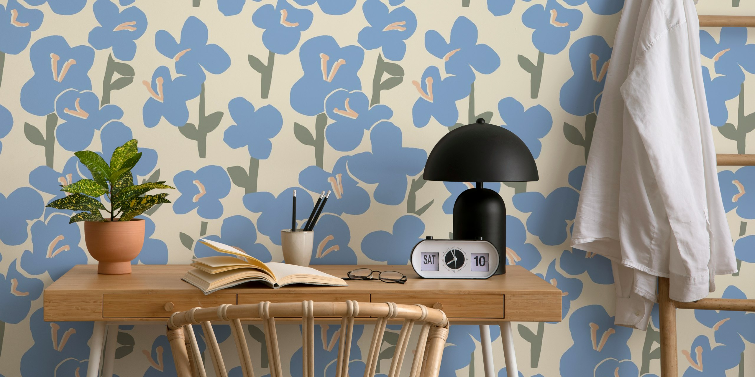 Blue abstract flowers with leaves wallpaper