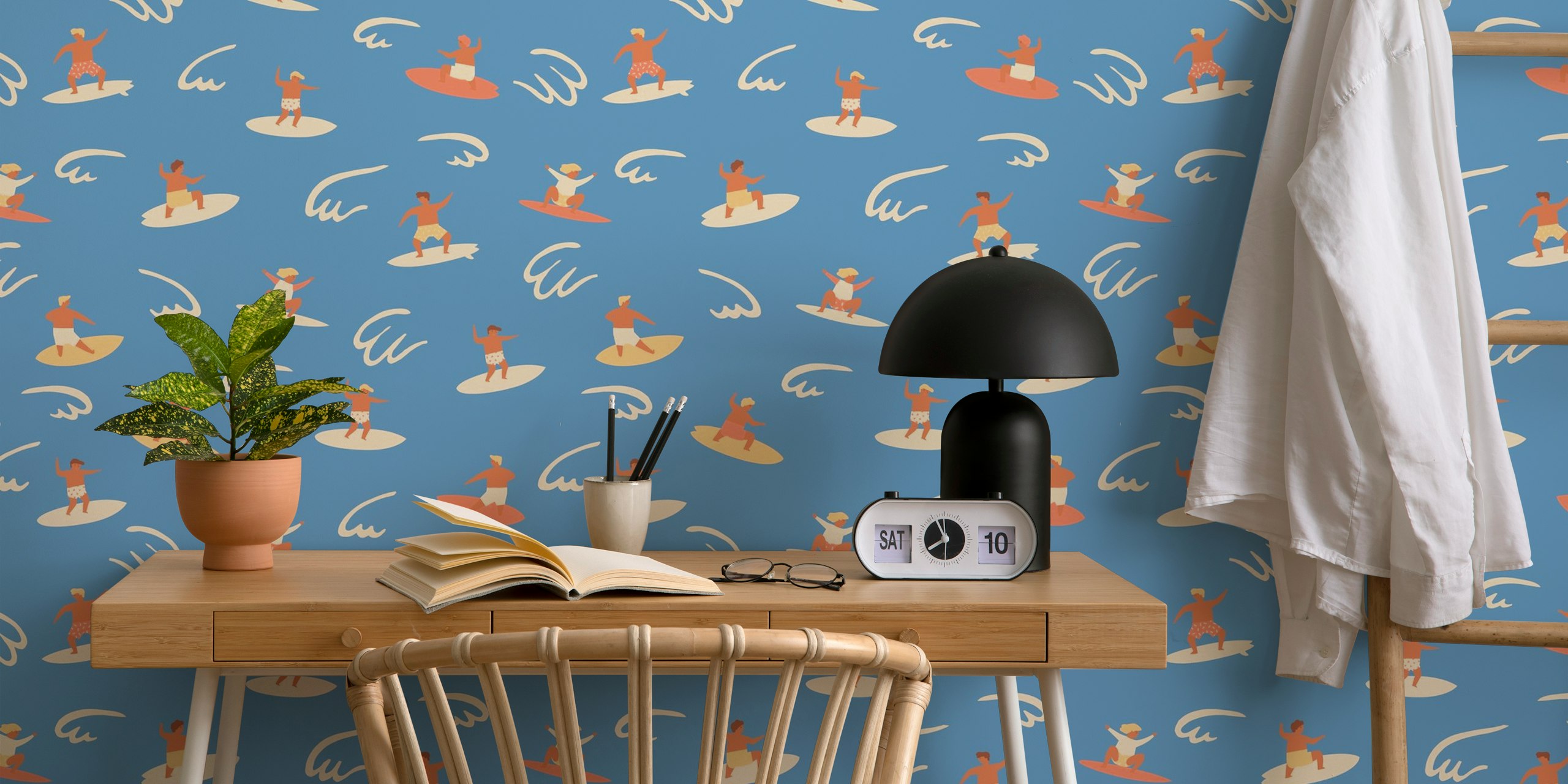 Illustrated wallpaper with children surfing