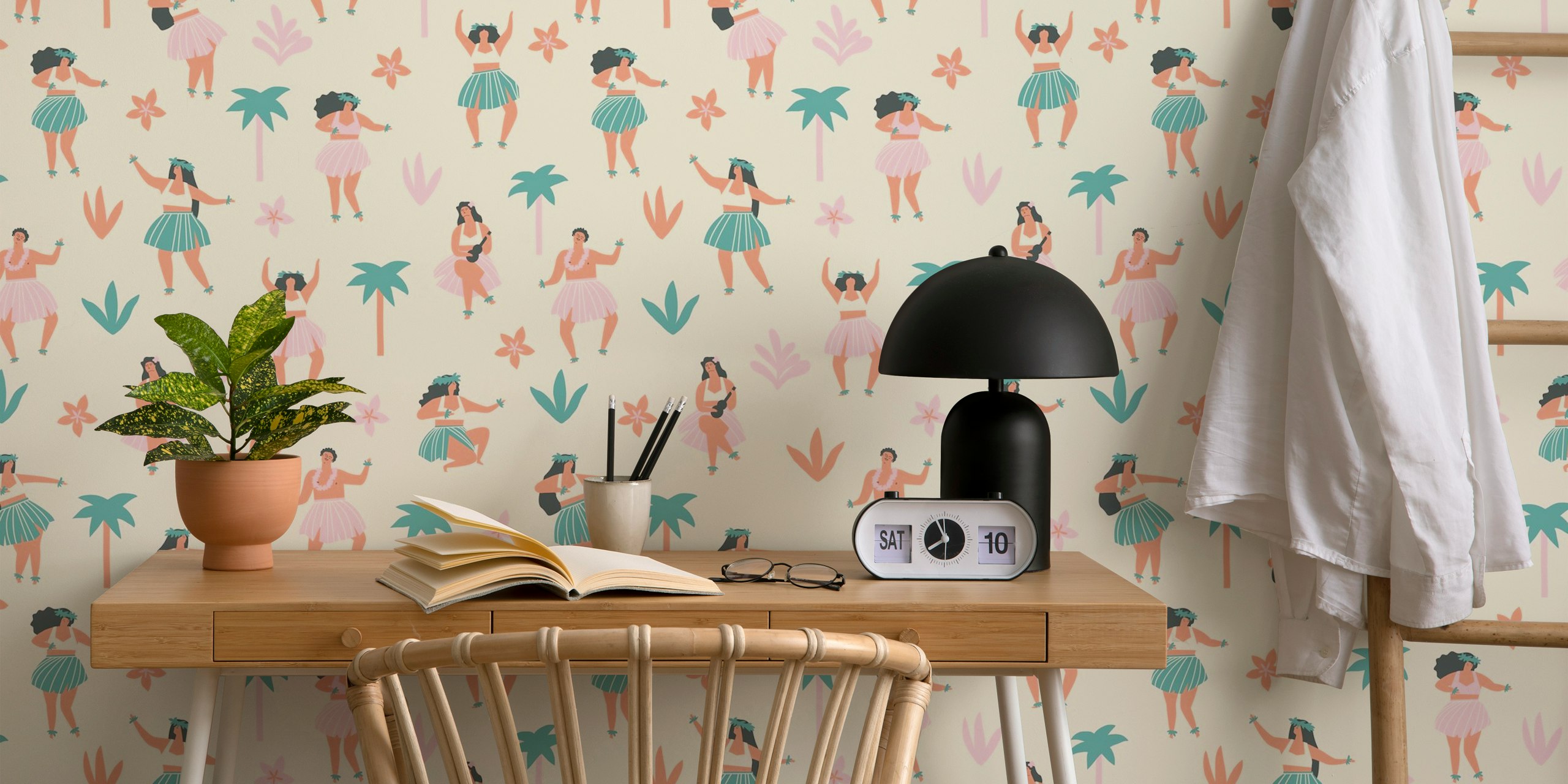 Colorful hula dancers with floral motifs on cream wallpaper