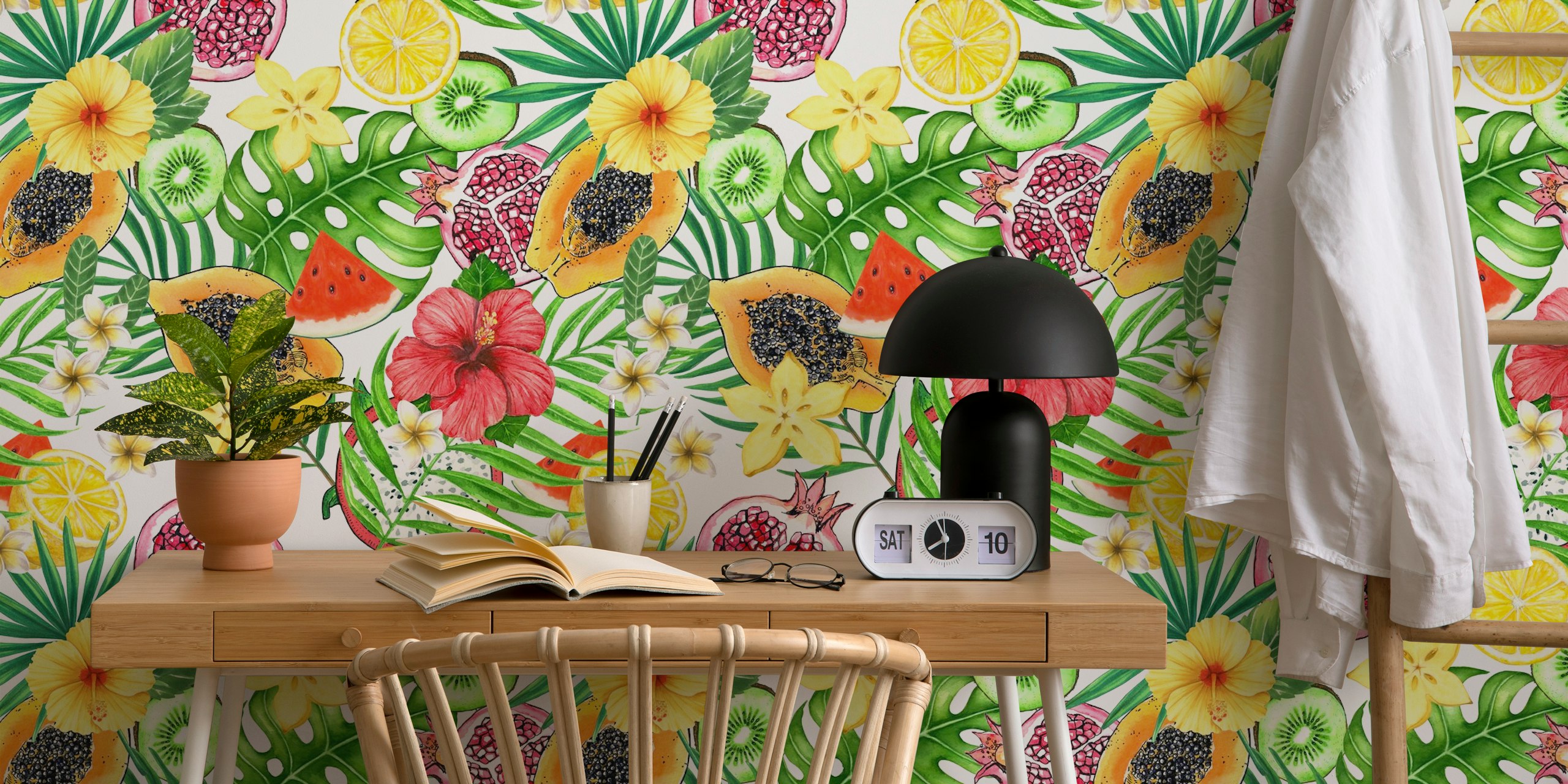 Colorful tropical mix-fruit, flowers and leaves wall mural on white background